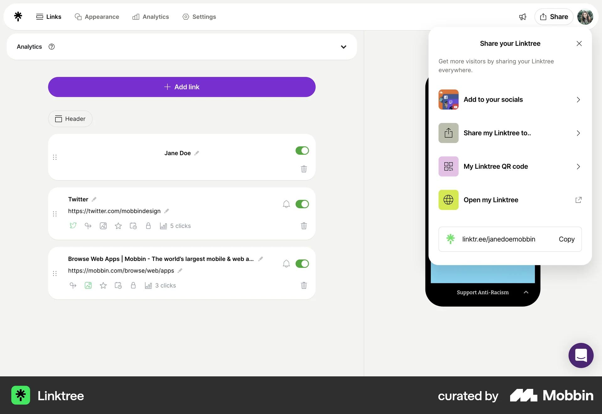 Linktree Web Share screen