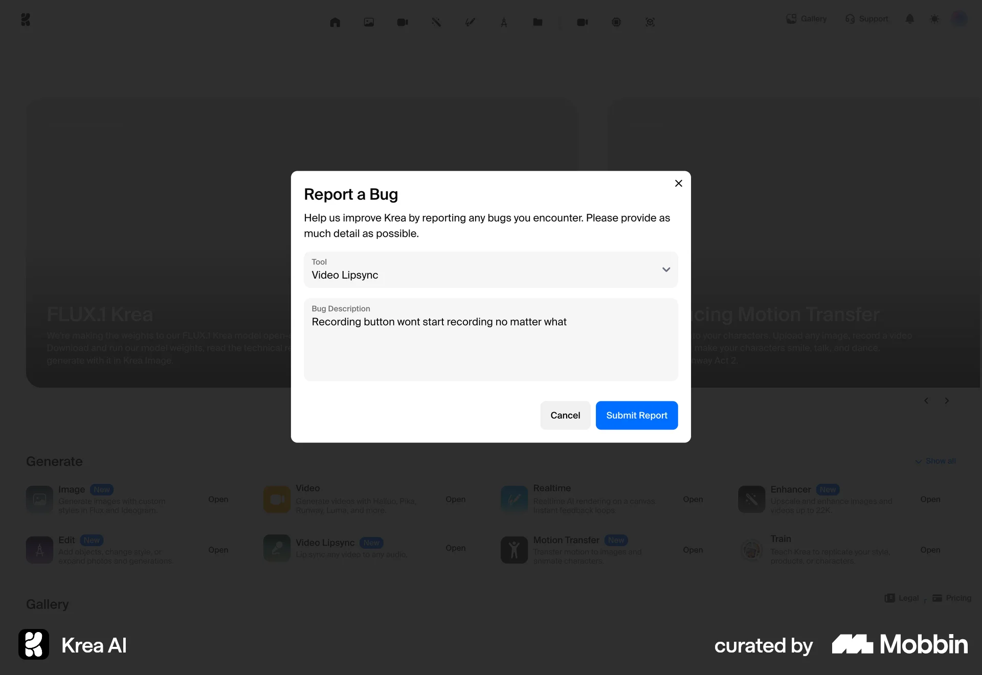 Krea AI Web Flag & Report screen