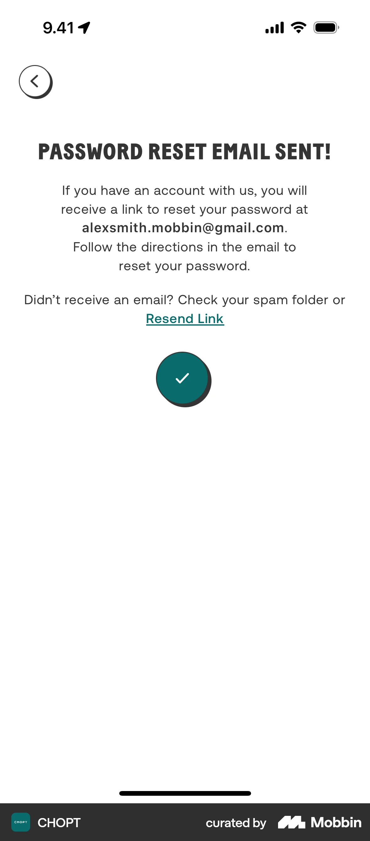 CHOPT iOS Forgot Password screen