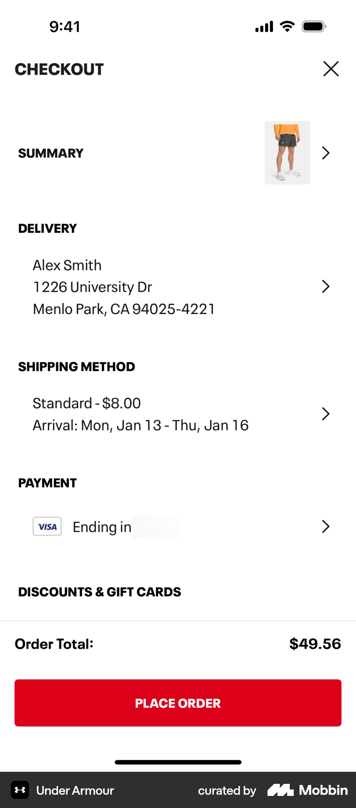 Under Armour iOS Checkout screen