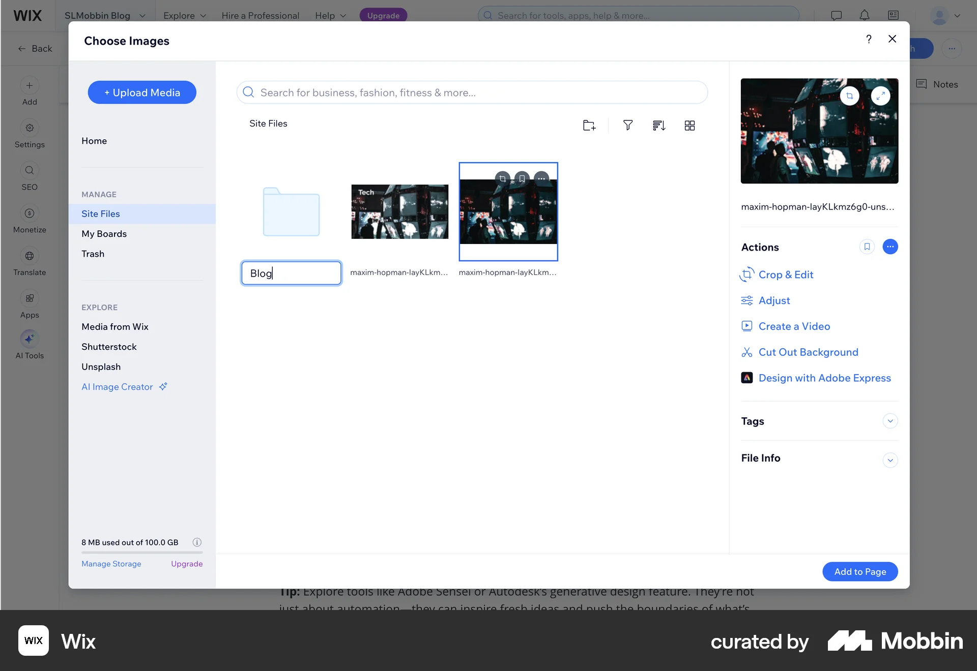 Wix Web screen containing Editable Text UI element