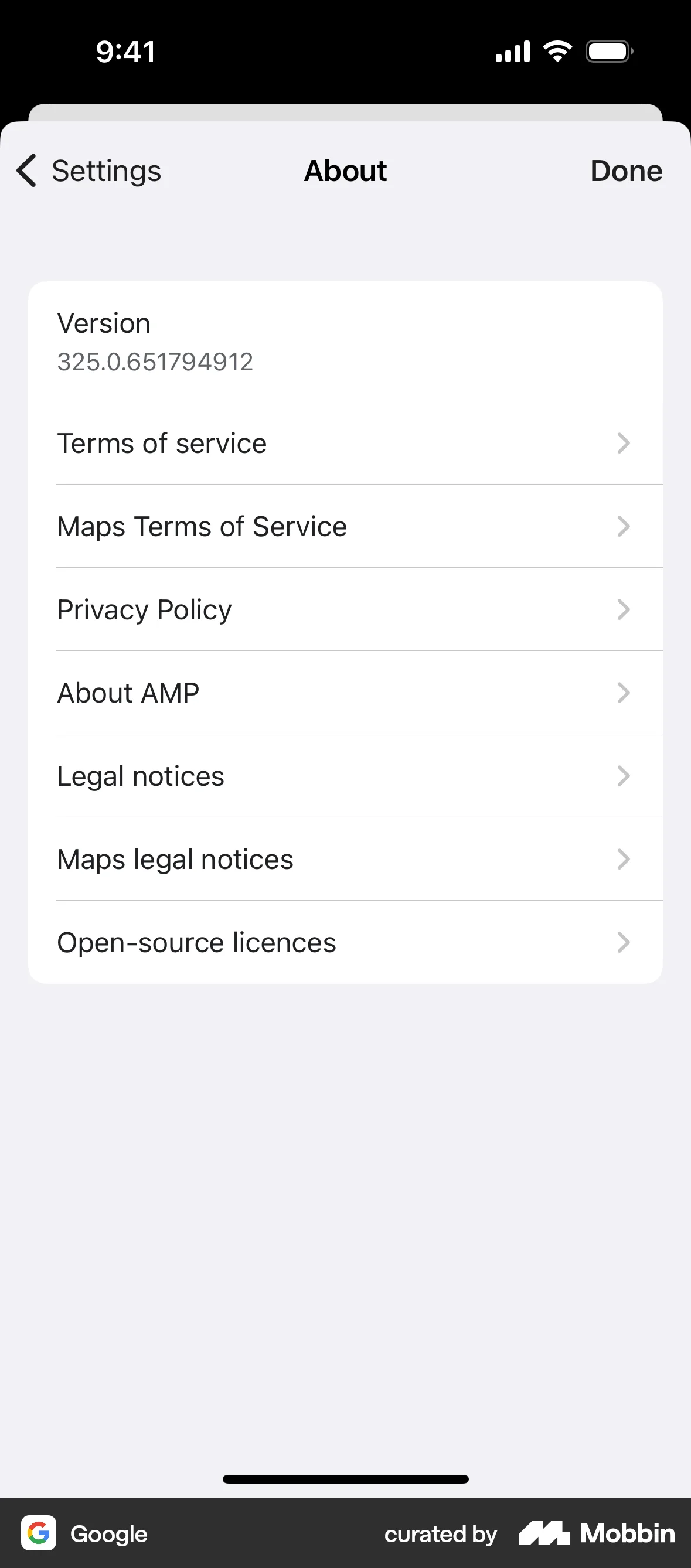 Google iOS About screen