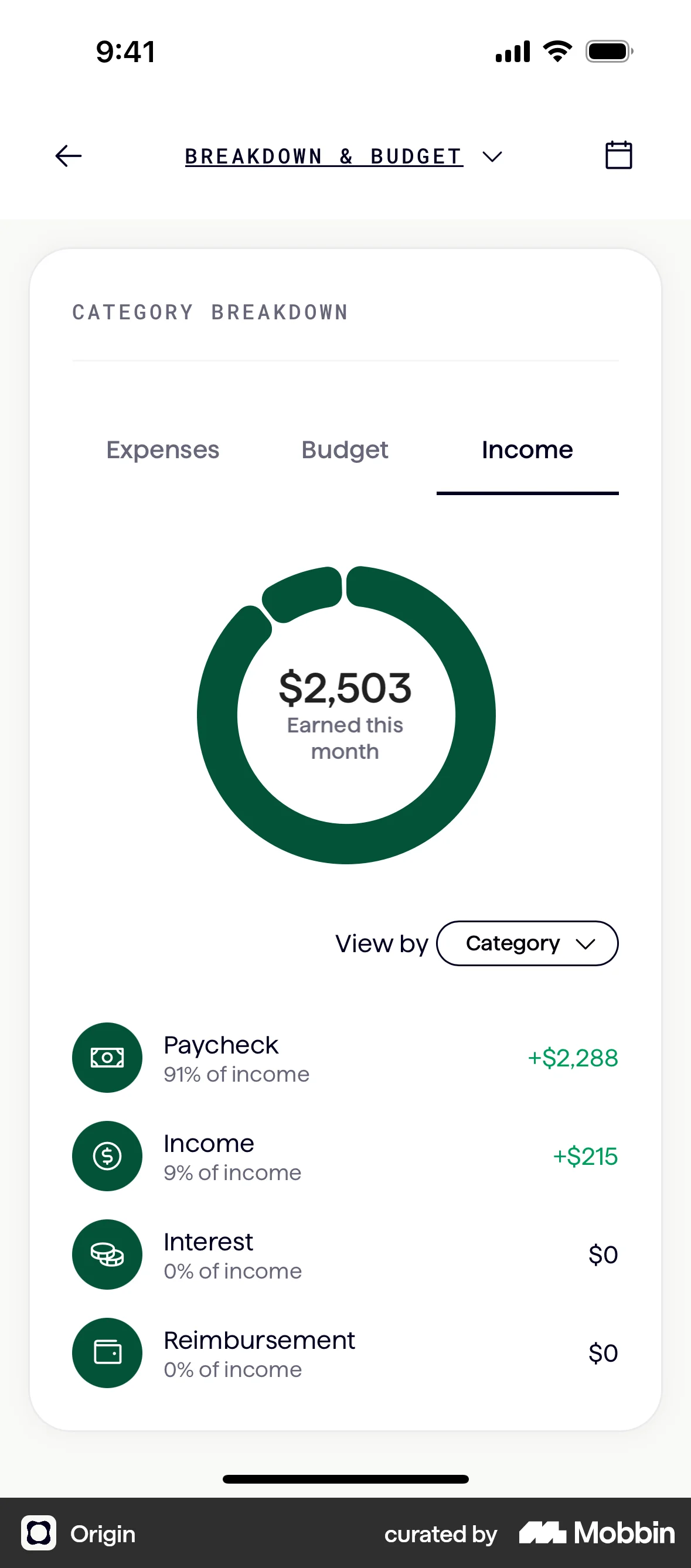Origin iOS Pie Chart UI screen