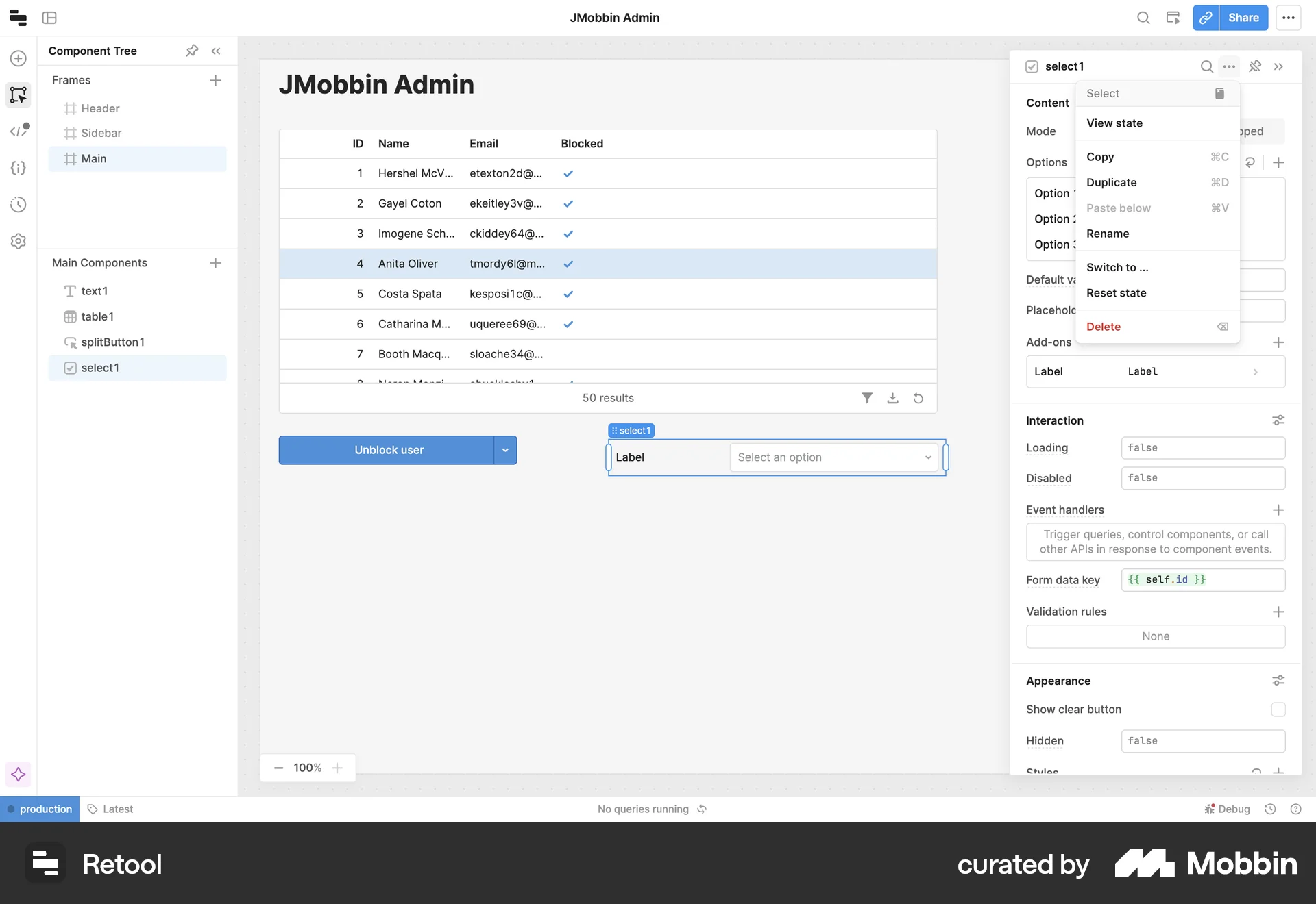 Retool Web Action Option screen