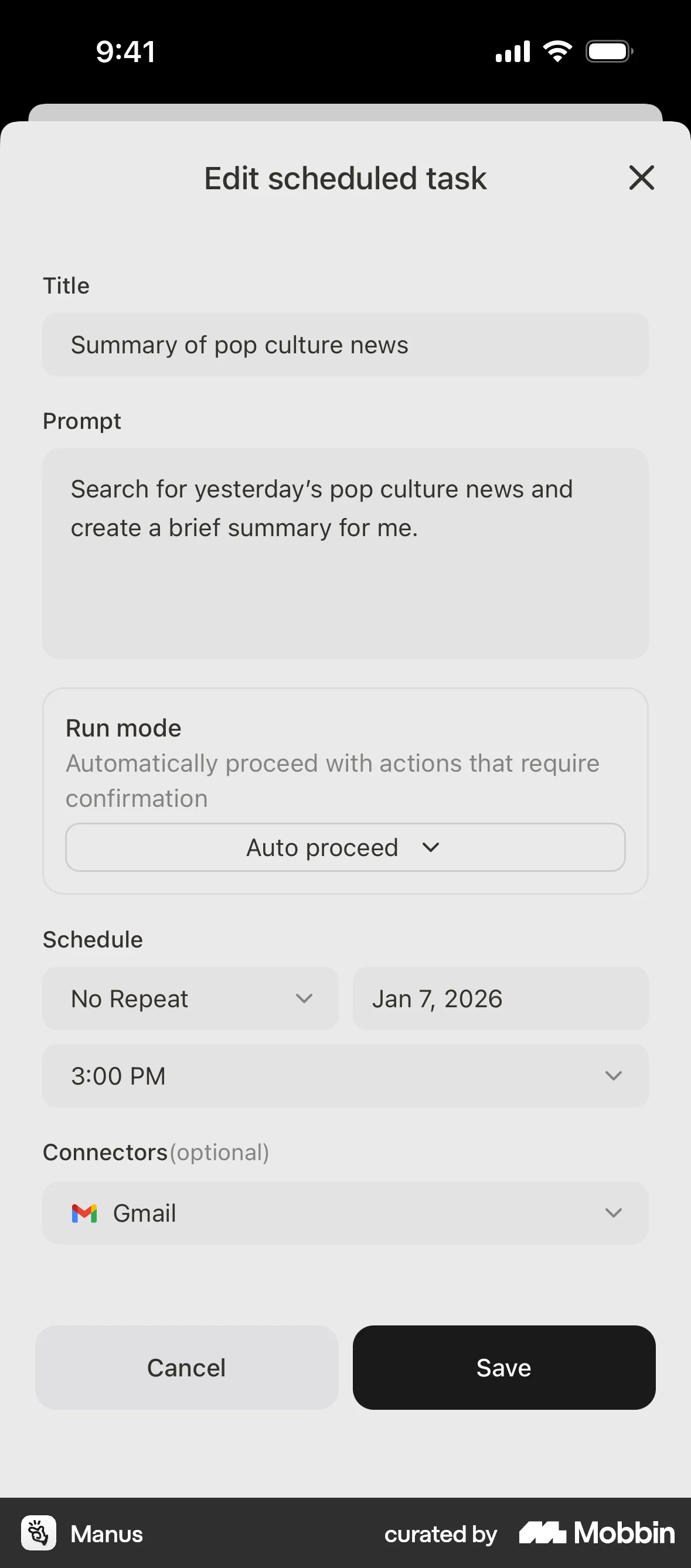 Manus iOS screen containing Button UI element