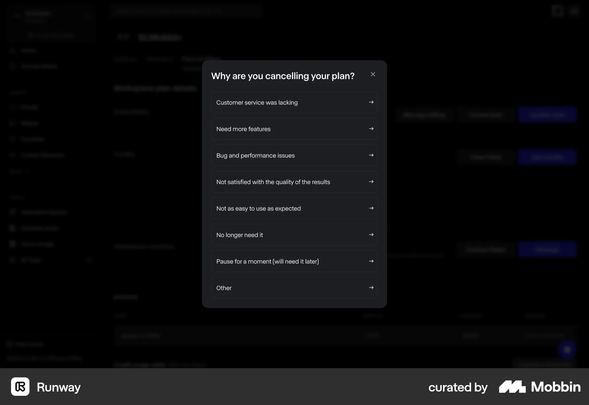 Runway Web Cancel screen