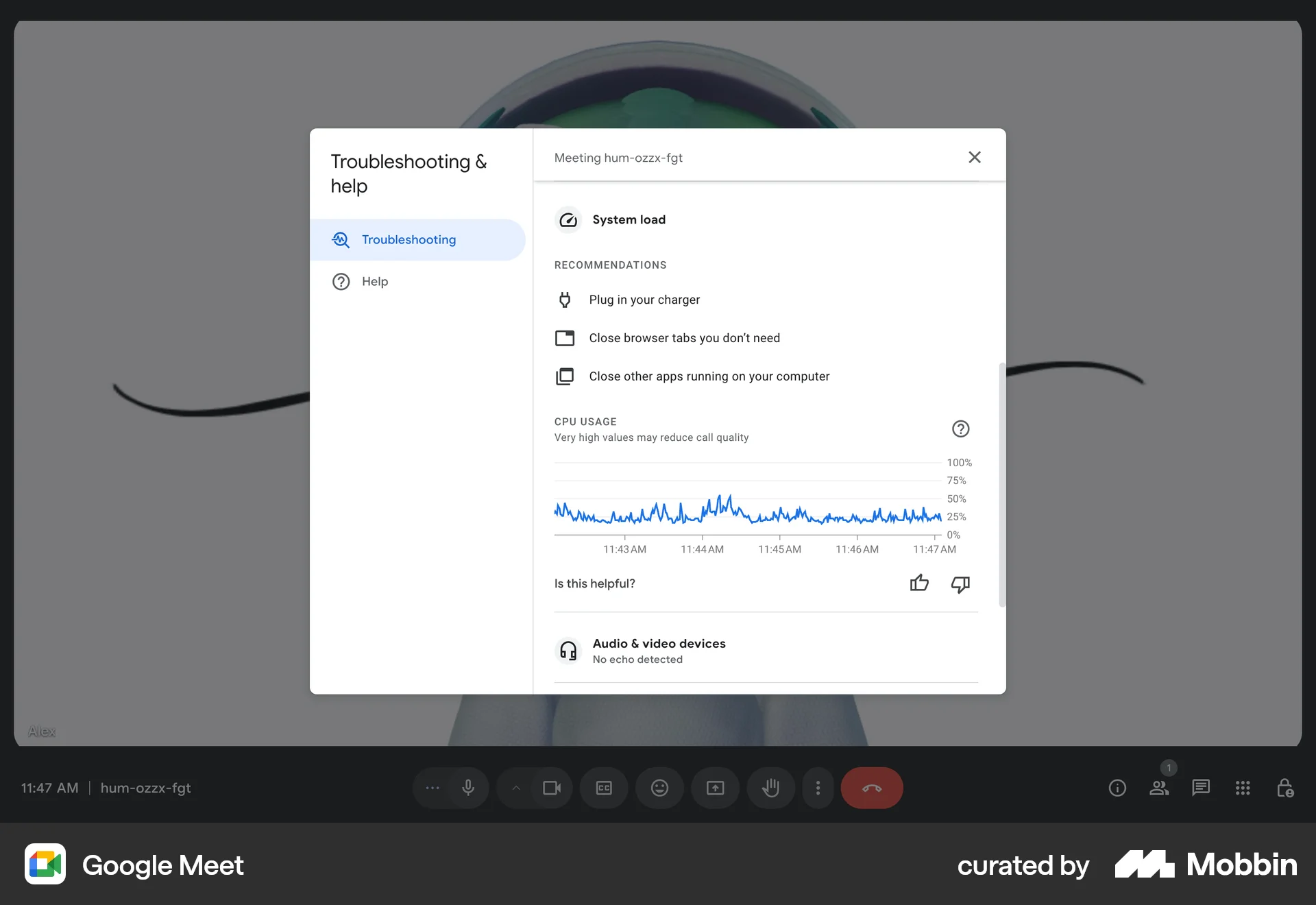 Google Meet Web screen containing Rating Control UI element