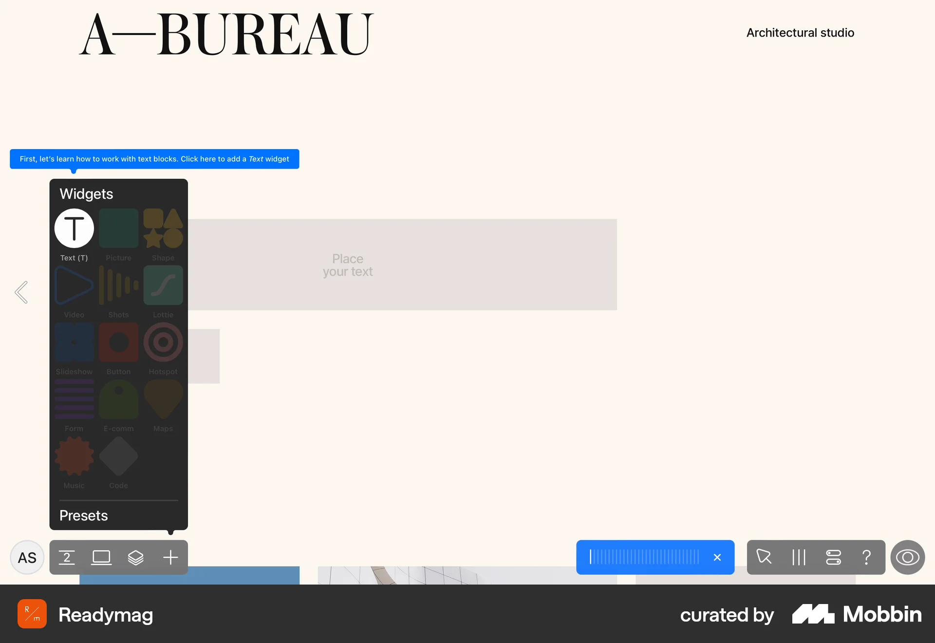 Readymag Web screen containing Coach Marks UI element