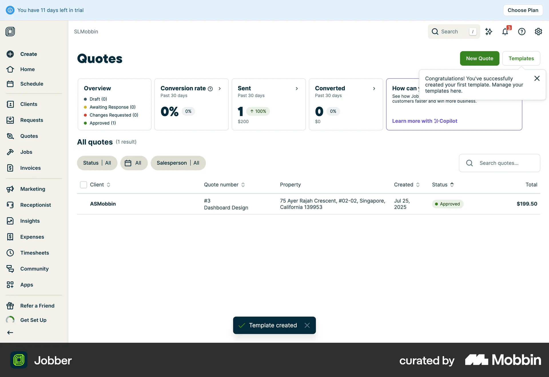 Jobber Web Guided Tour & Tutorial screen