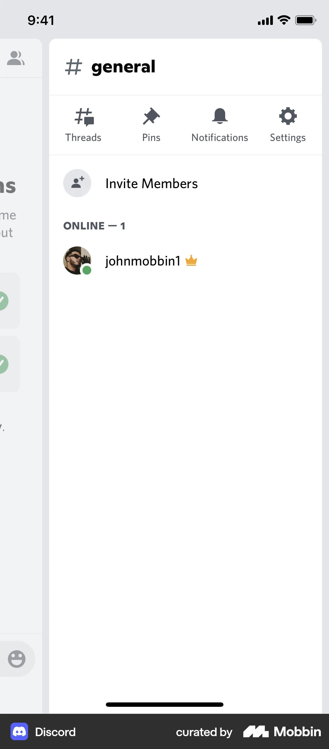 Discord iOS screen containing Drawer UI element