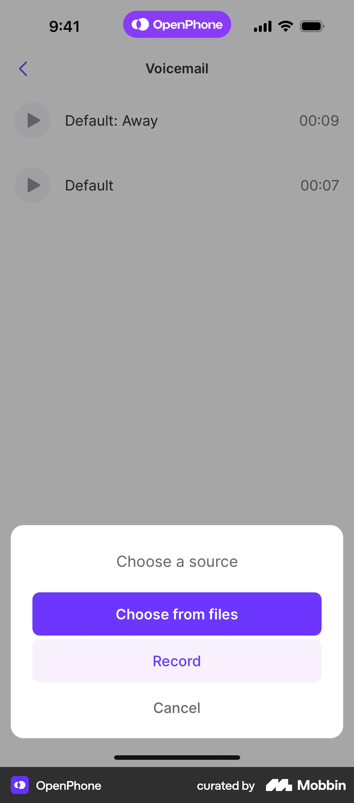 OpenPhone iOS screen containing Action Sheet UI element