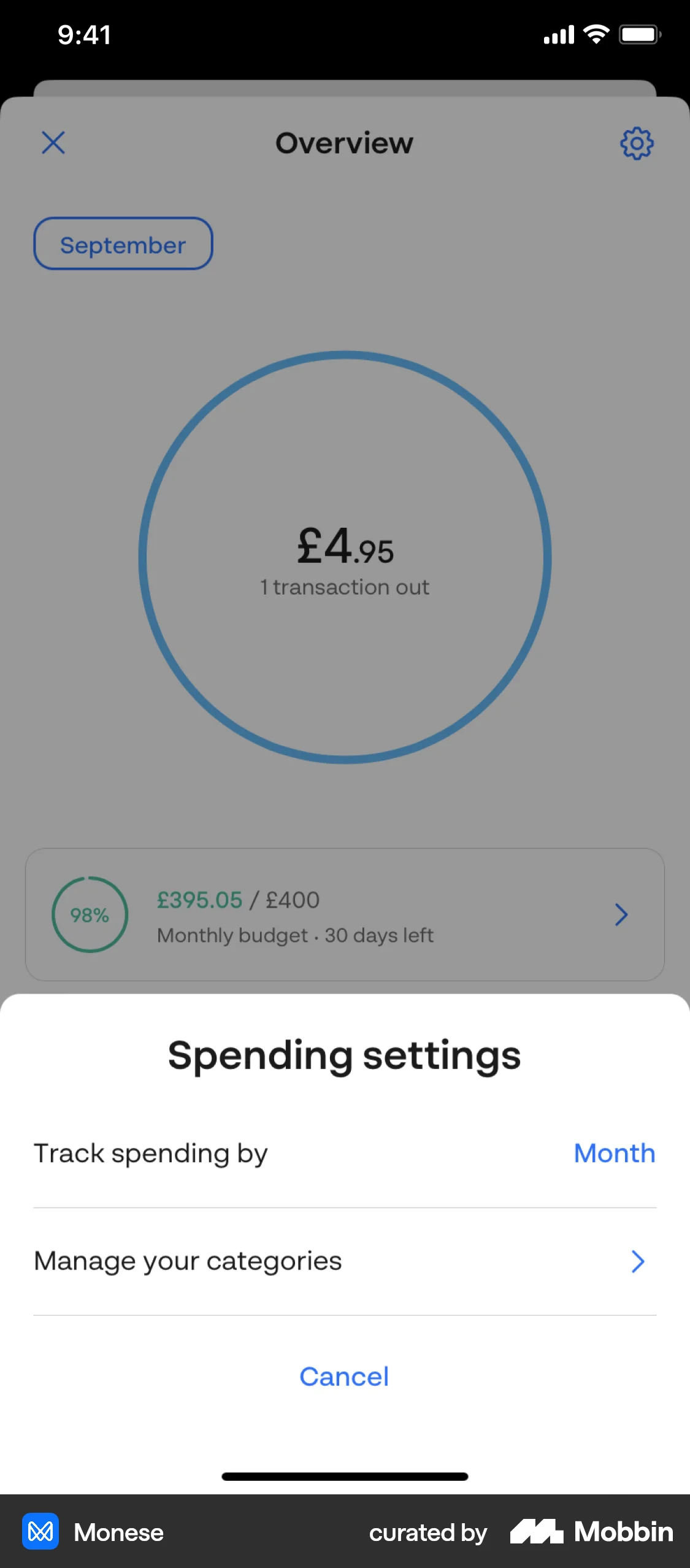 Monese iOS Pie Chart UI screen