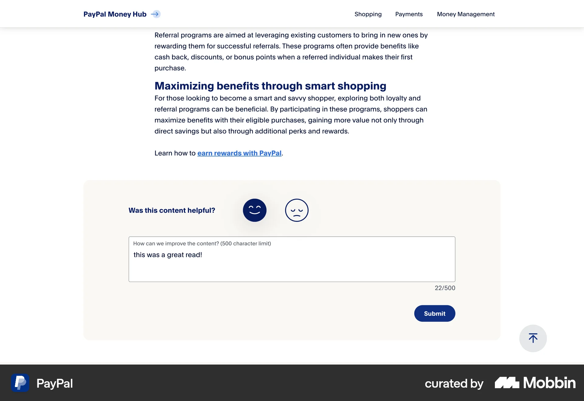 PayPal Web Feedback screen