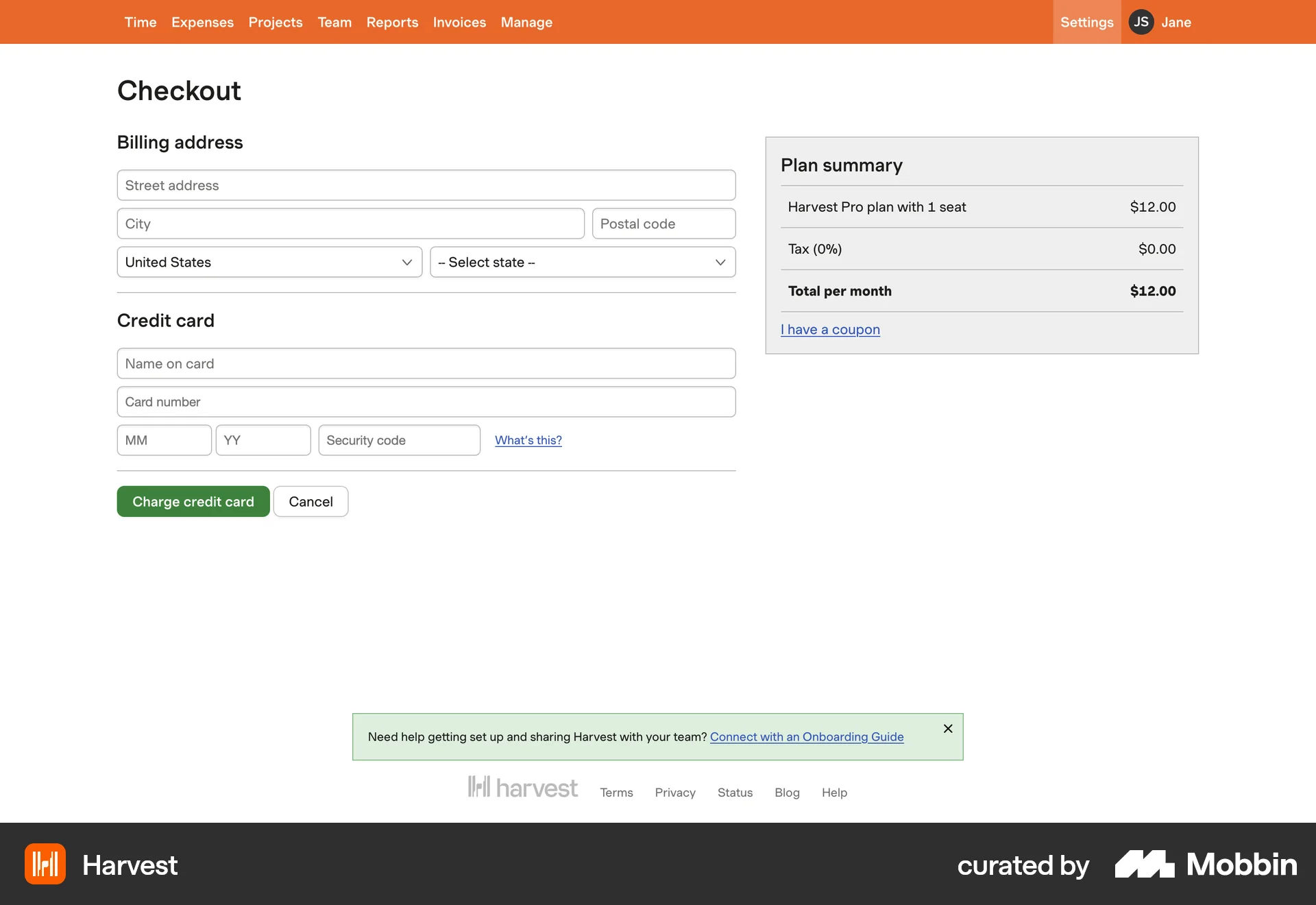 Harvest Web Checkout screen