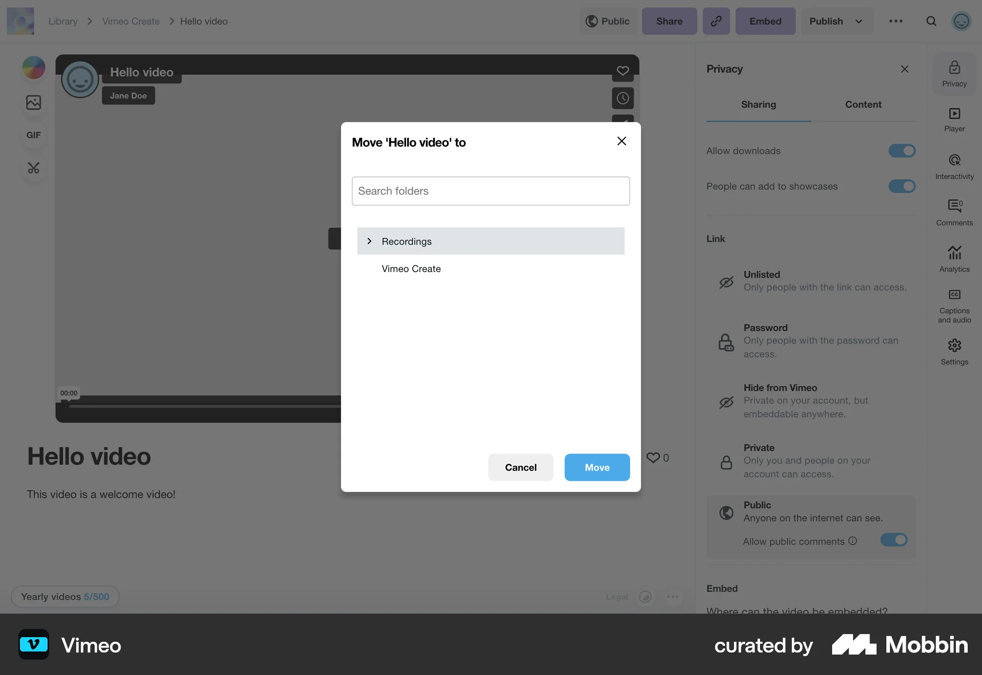 Vimeo Web Move screen
