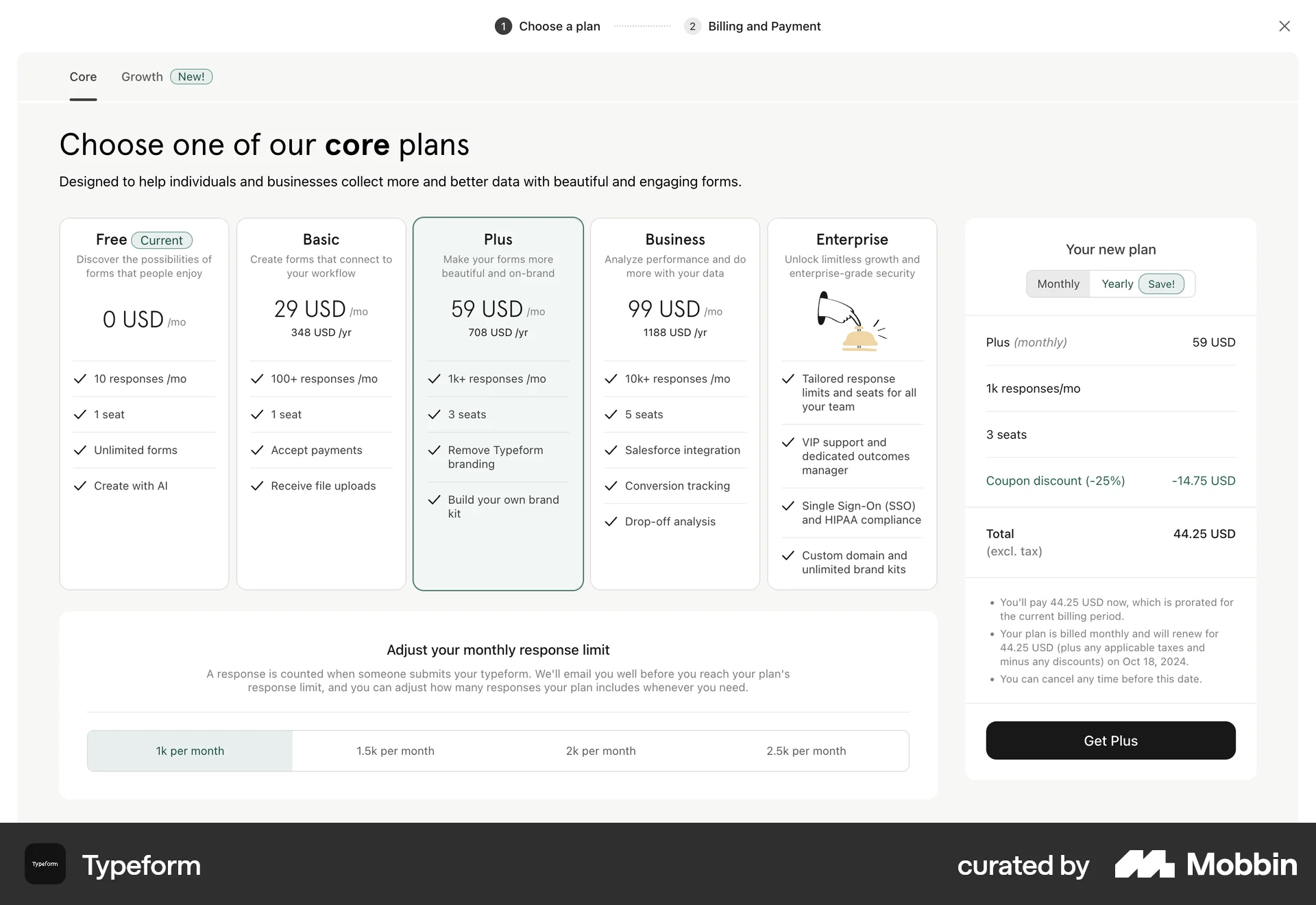 Typeform Web Pricing screen