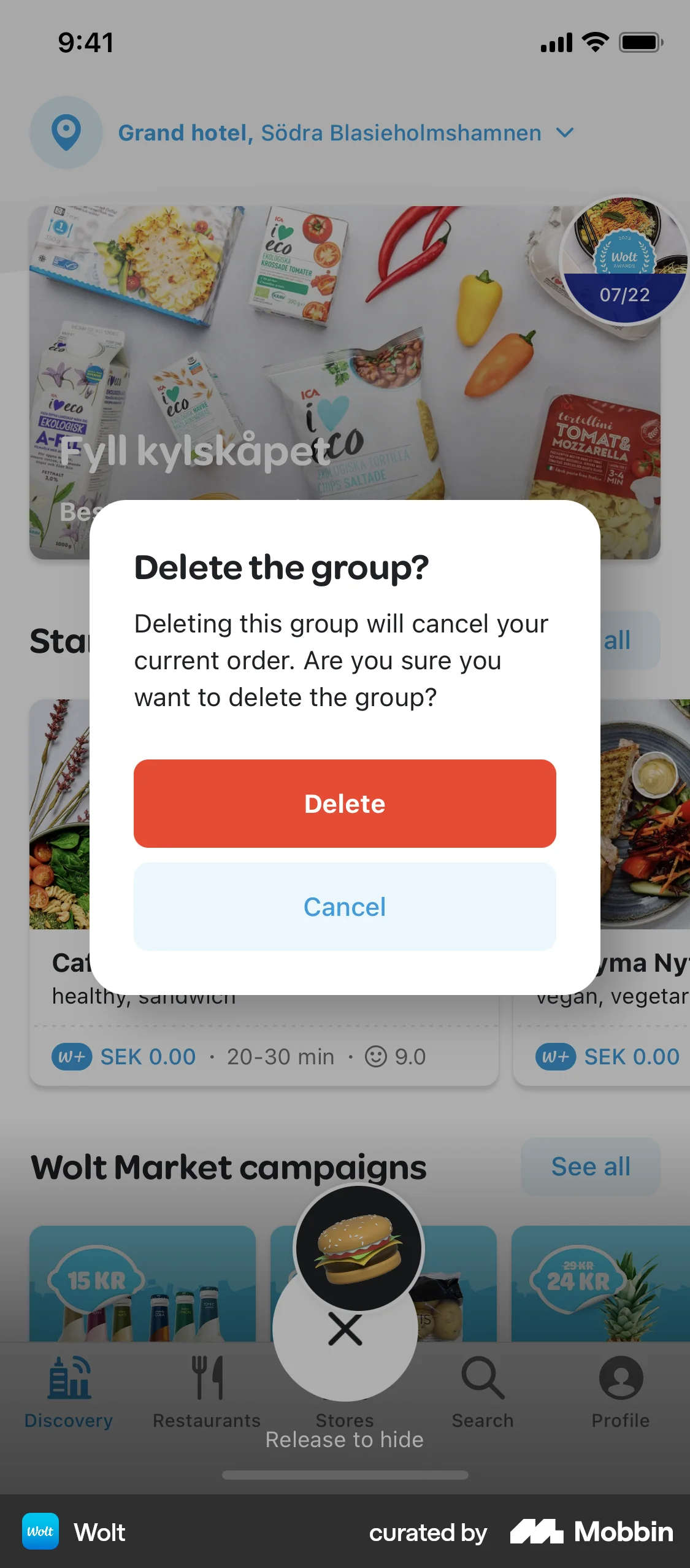 Wolt Delivery iOS screen containing Dialog UI element
