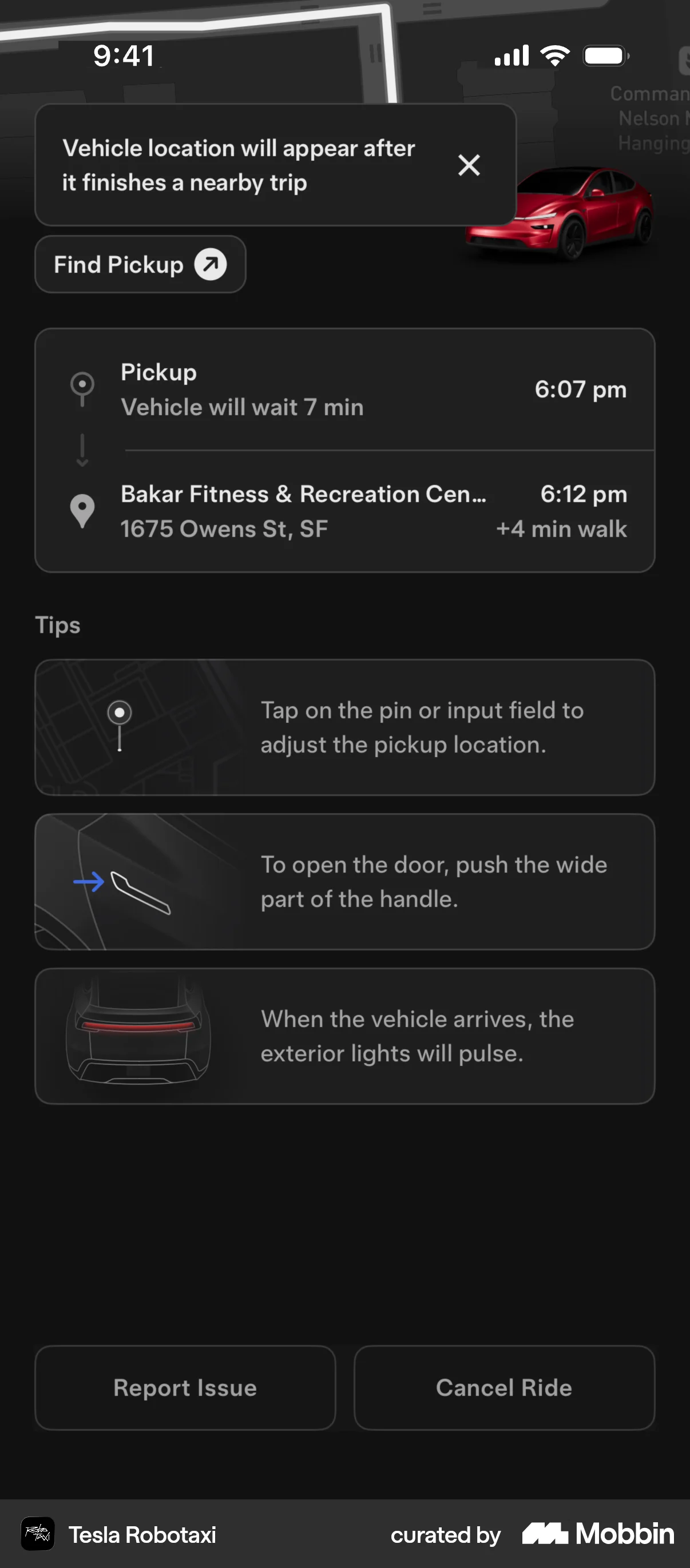 Tesla Robotaxi iOS Dark Mode screen