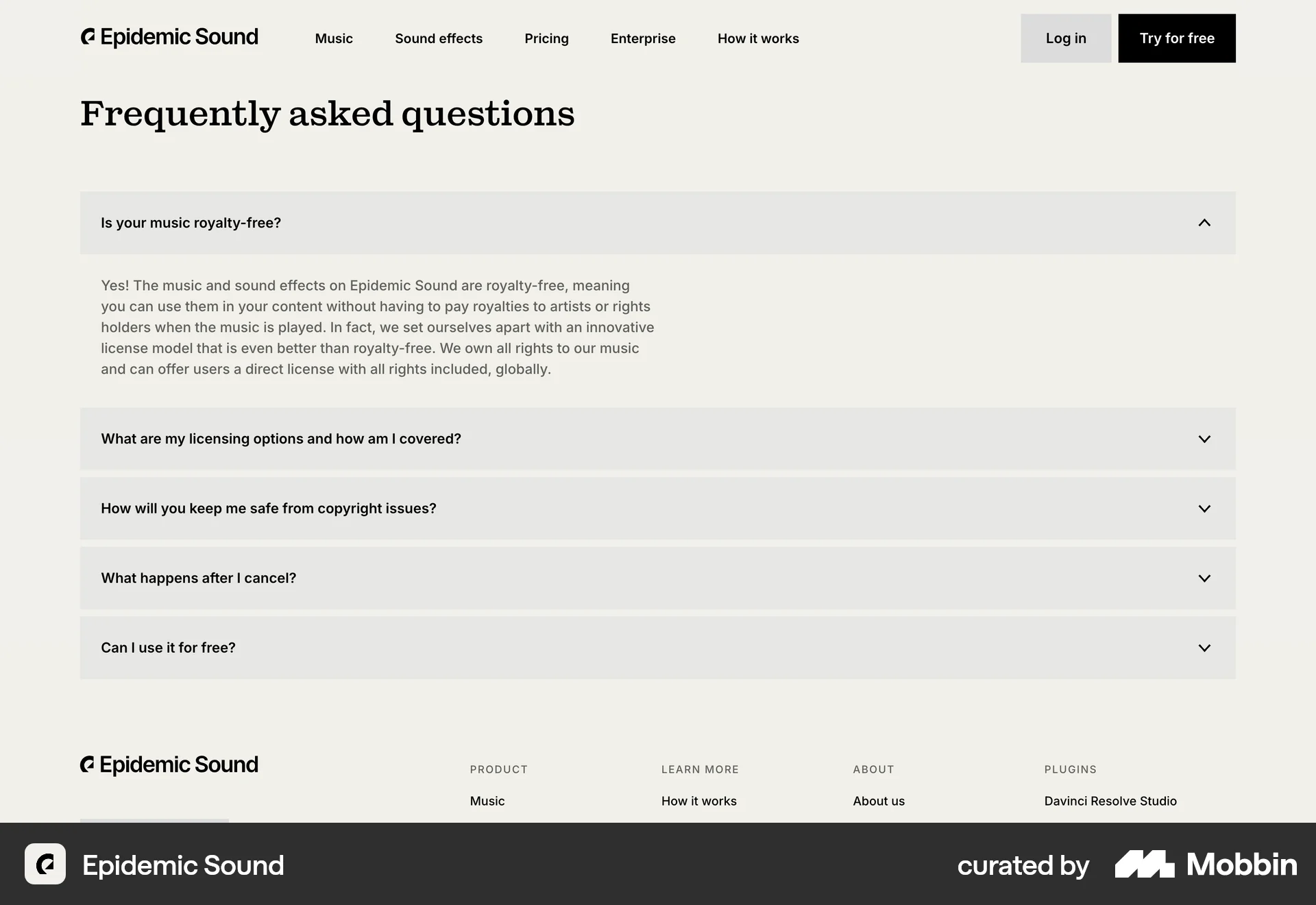 Epidemic Sound Web screen containing Accordion UI element