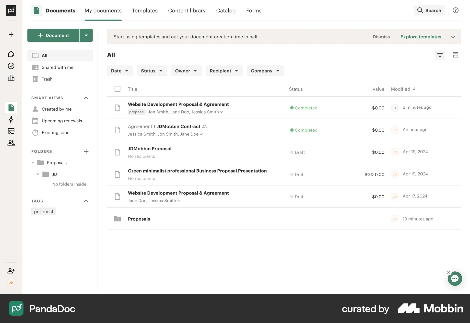 PandaDoc Web screen containing Table UI element
