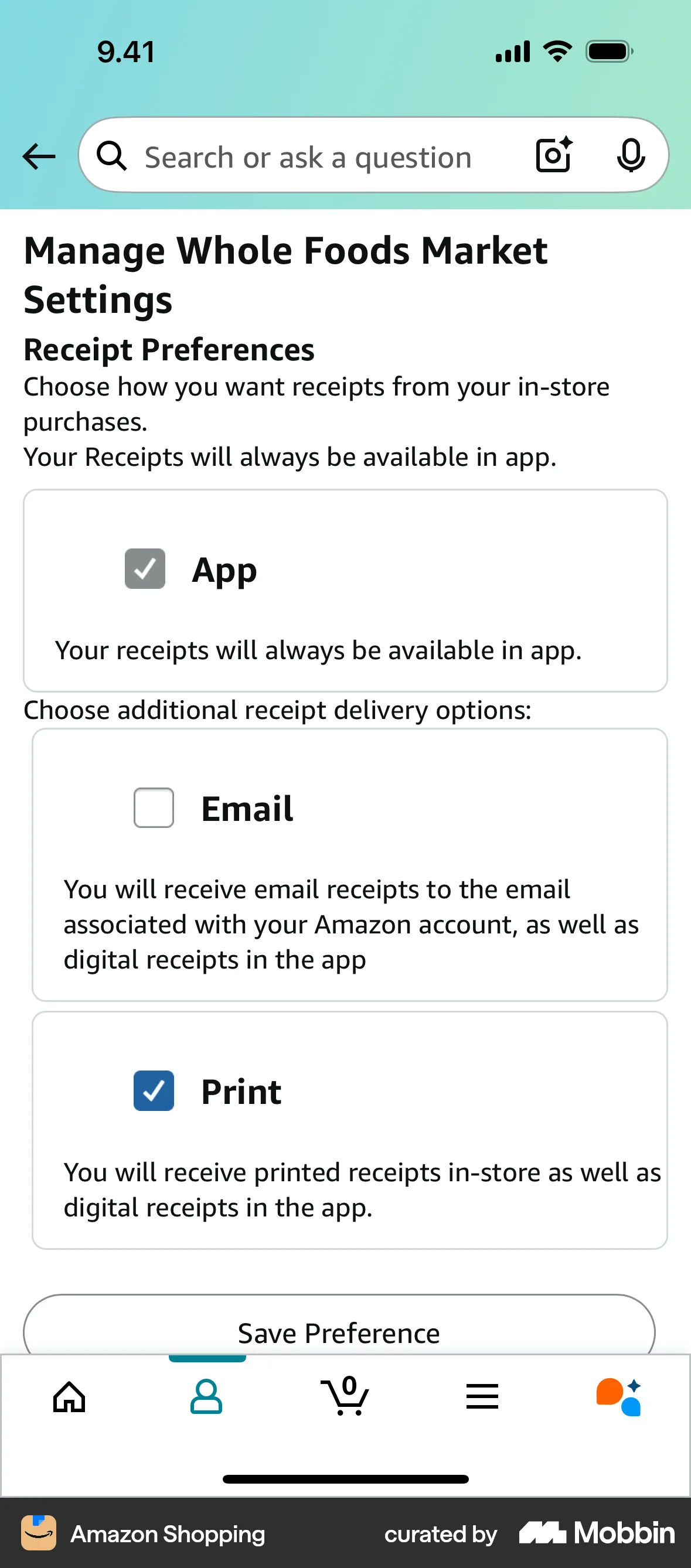 Amazon Shopping iOS screen containing Checkbox UI element