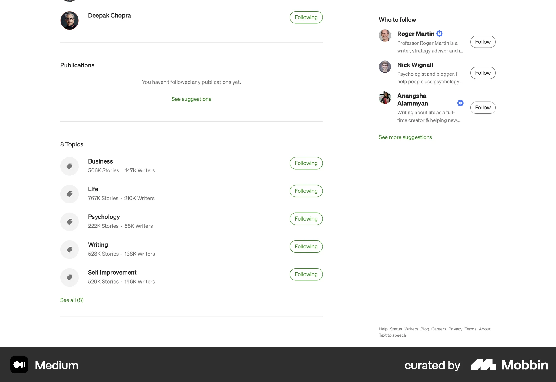 Medium Web Followers & Following screen