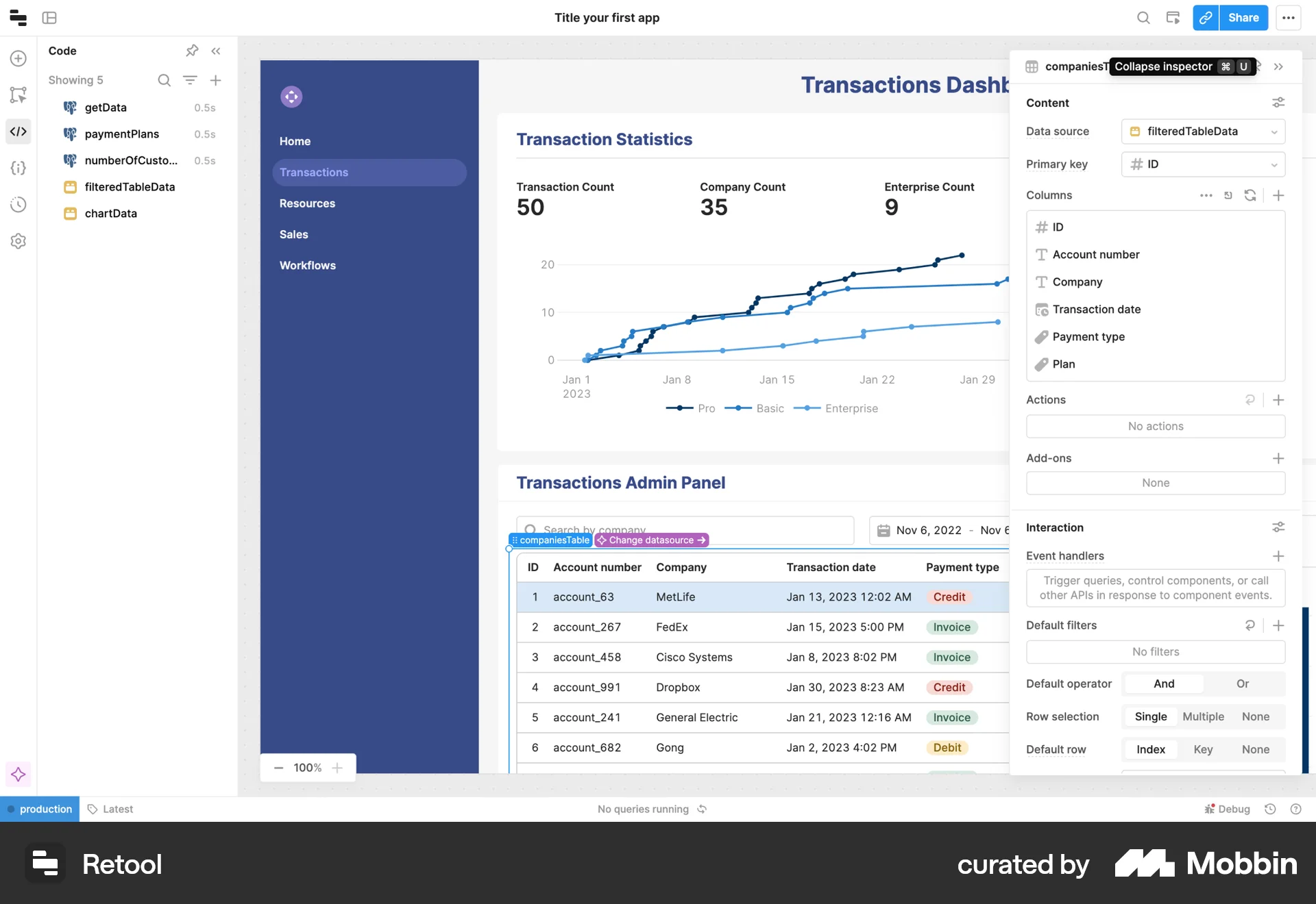 Retool Web Admin Dashboard screen