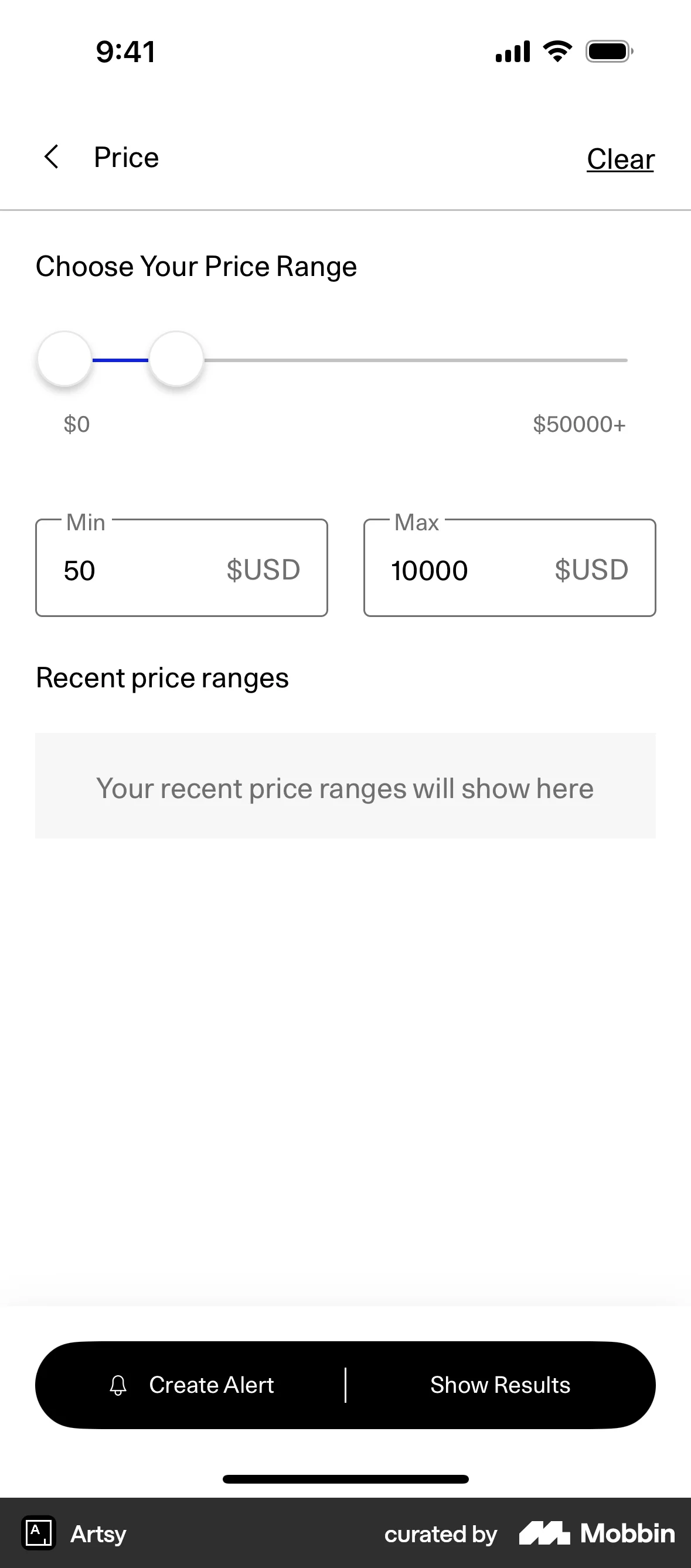 Artsy iOS screen containing Slider UI element