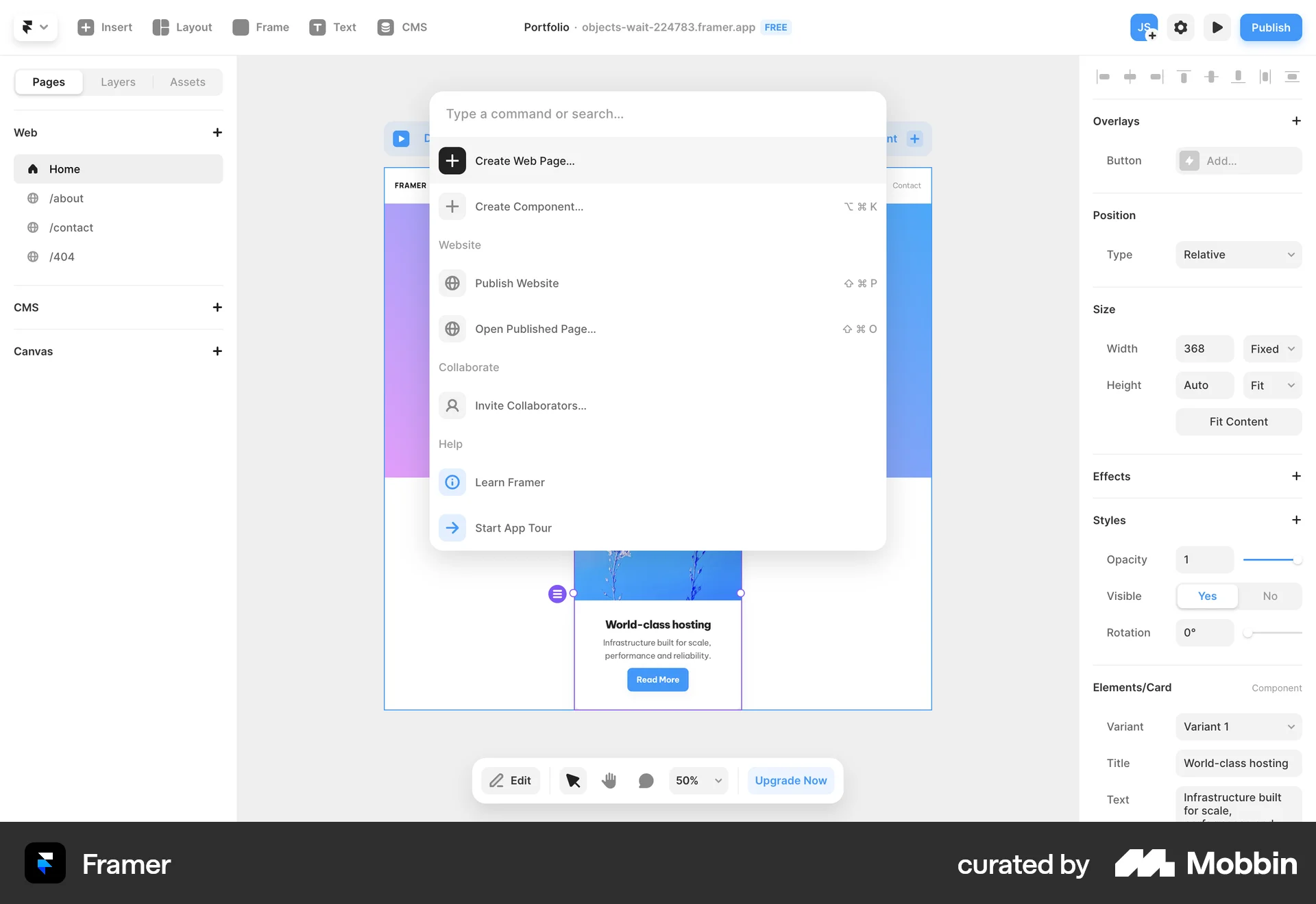 Framer Web Command Palette screen
