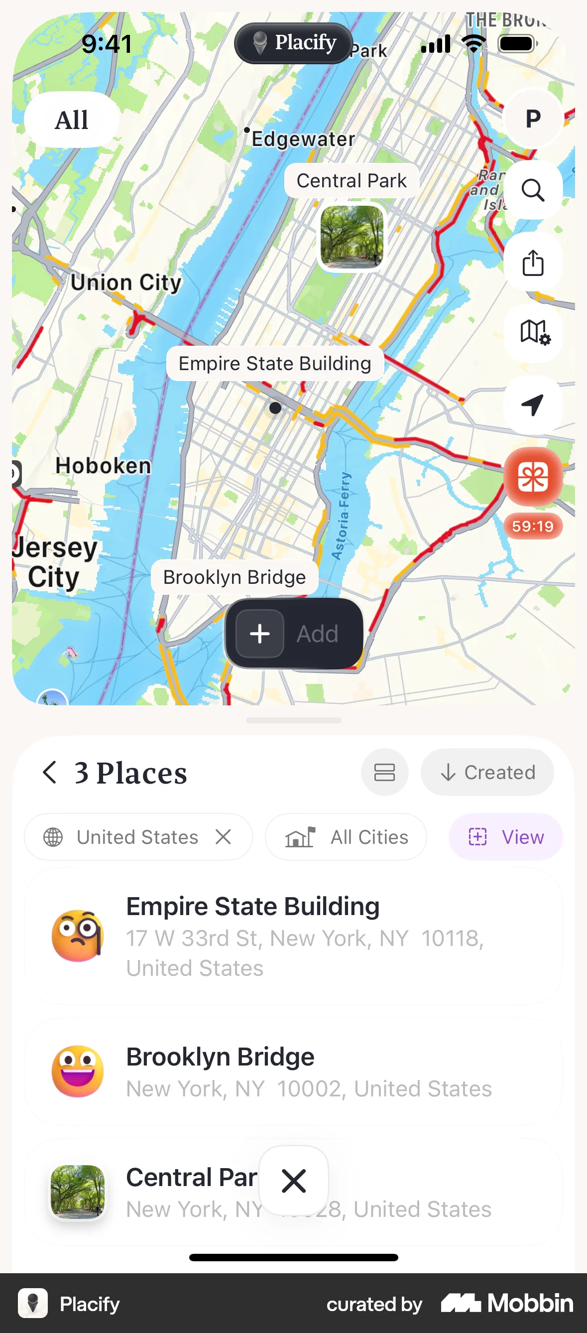 Placify iOS screen containing Floating Action Button UI element