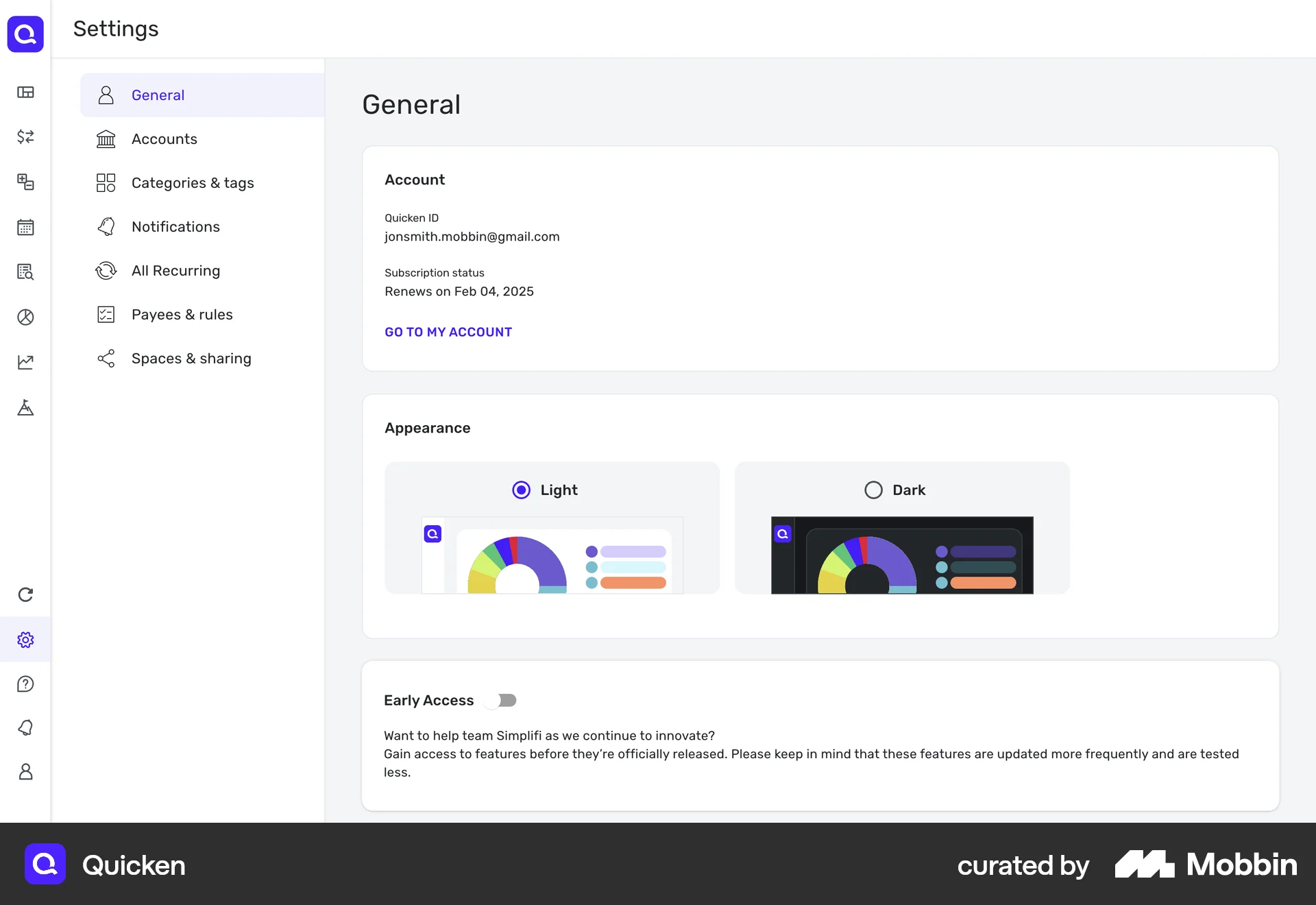 Quicken Web screen containing Switch UI element