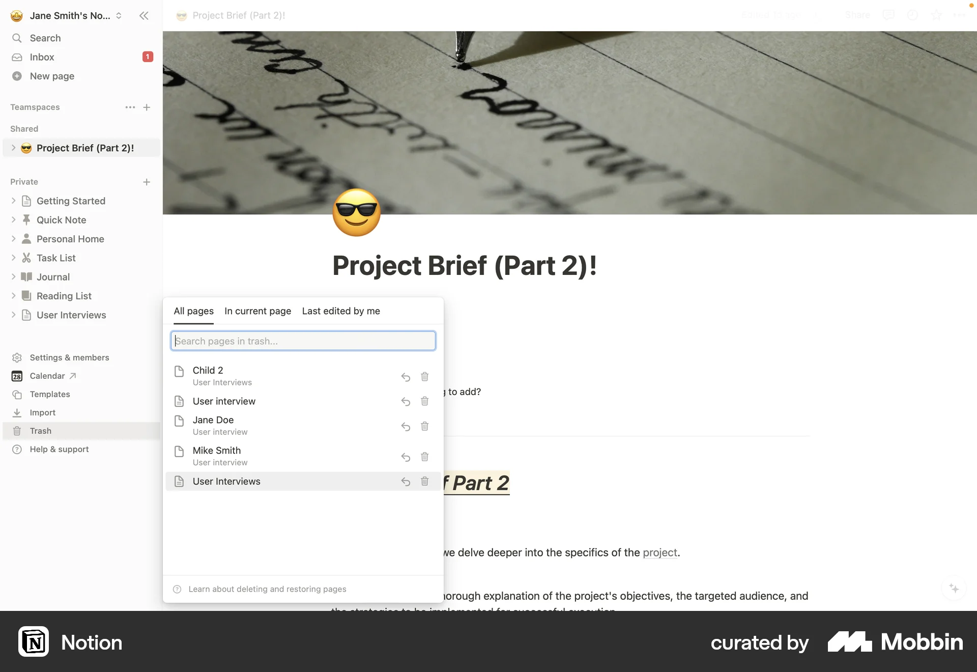 Notion Web Trash & Archive screen