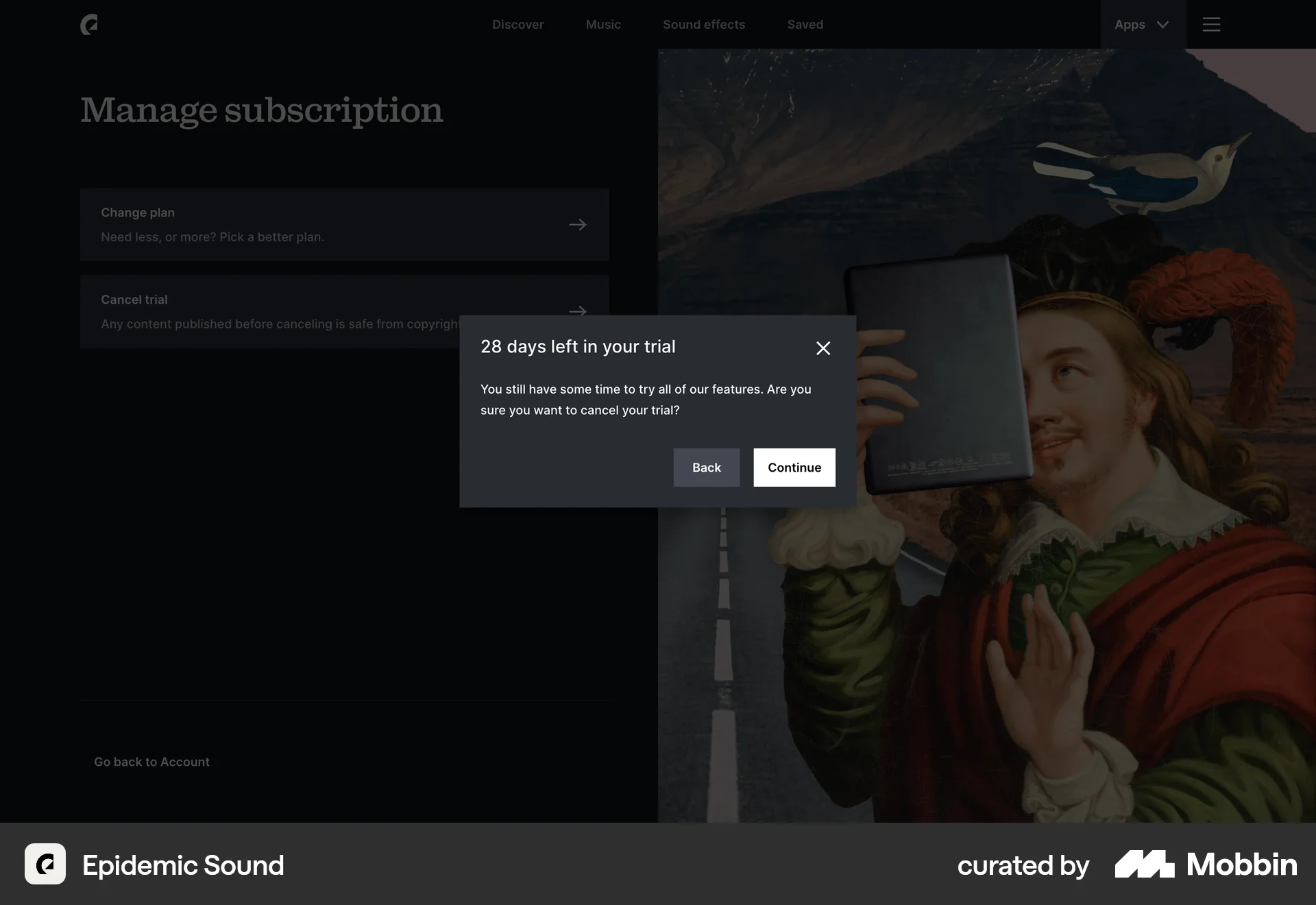 Epidemic Sound Web Cancel screen