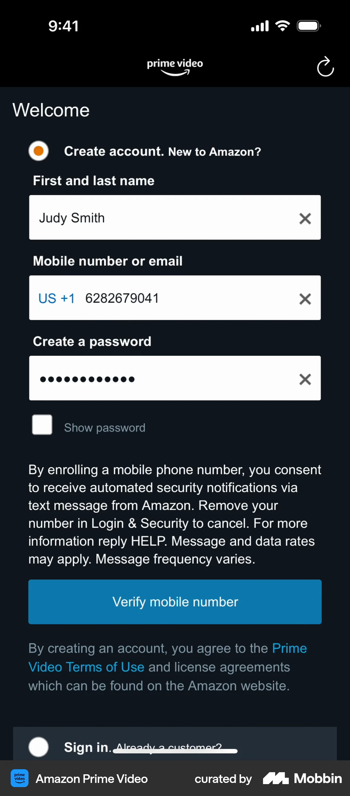 Prime Video iOS Signup screen