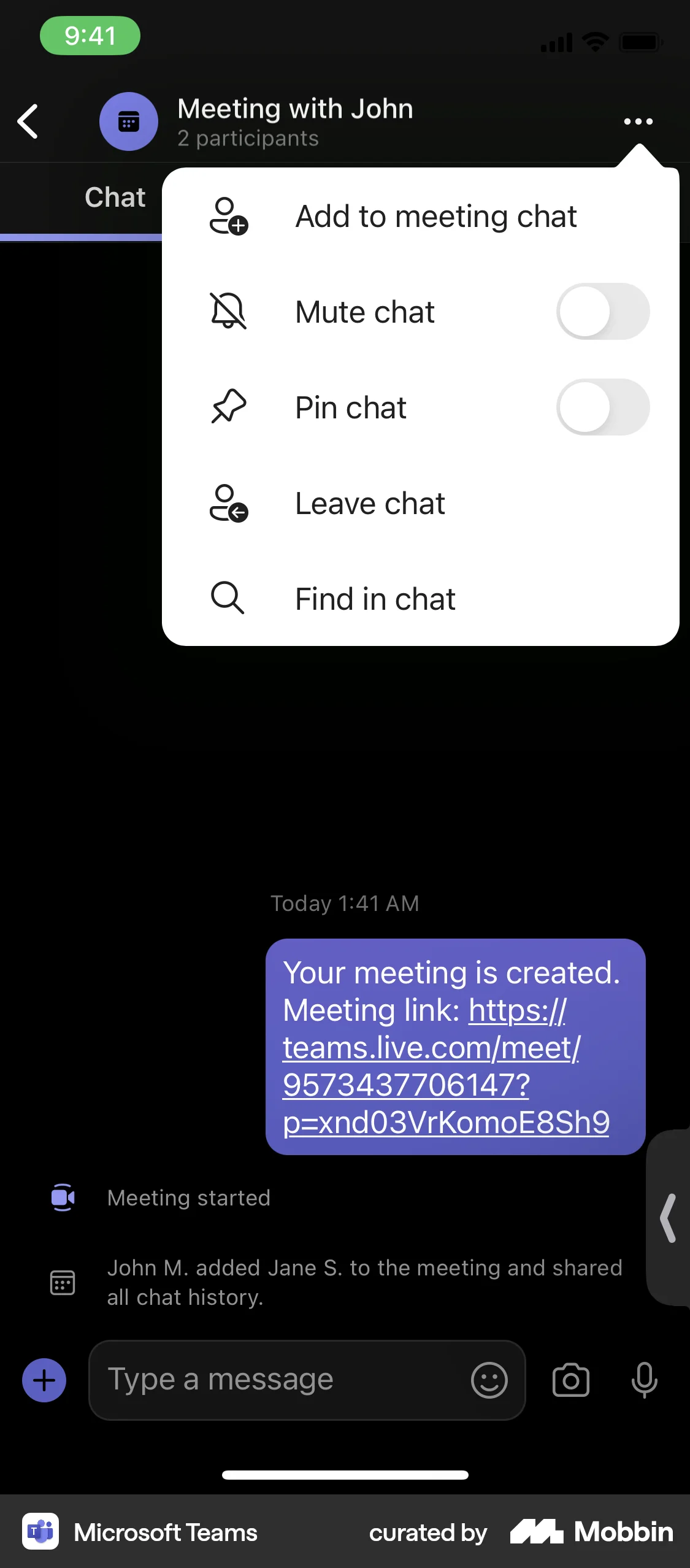 Microsoft Teams iOS screen containing Dropdown Menu UI element