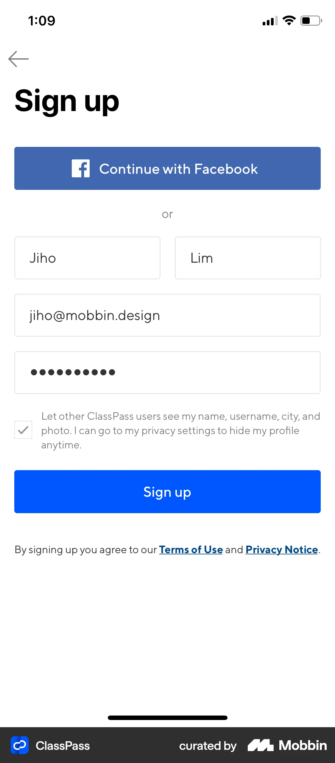 ClassPass iOS Signup screen