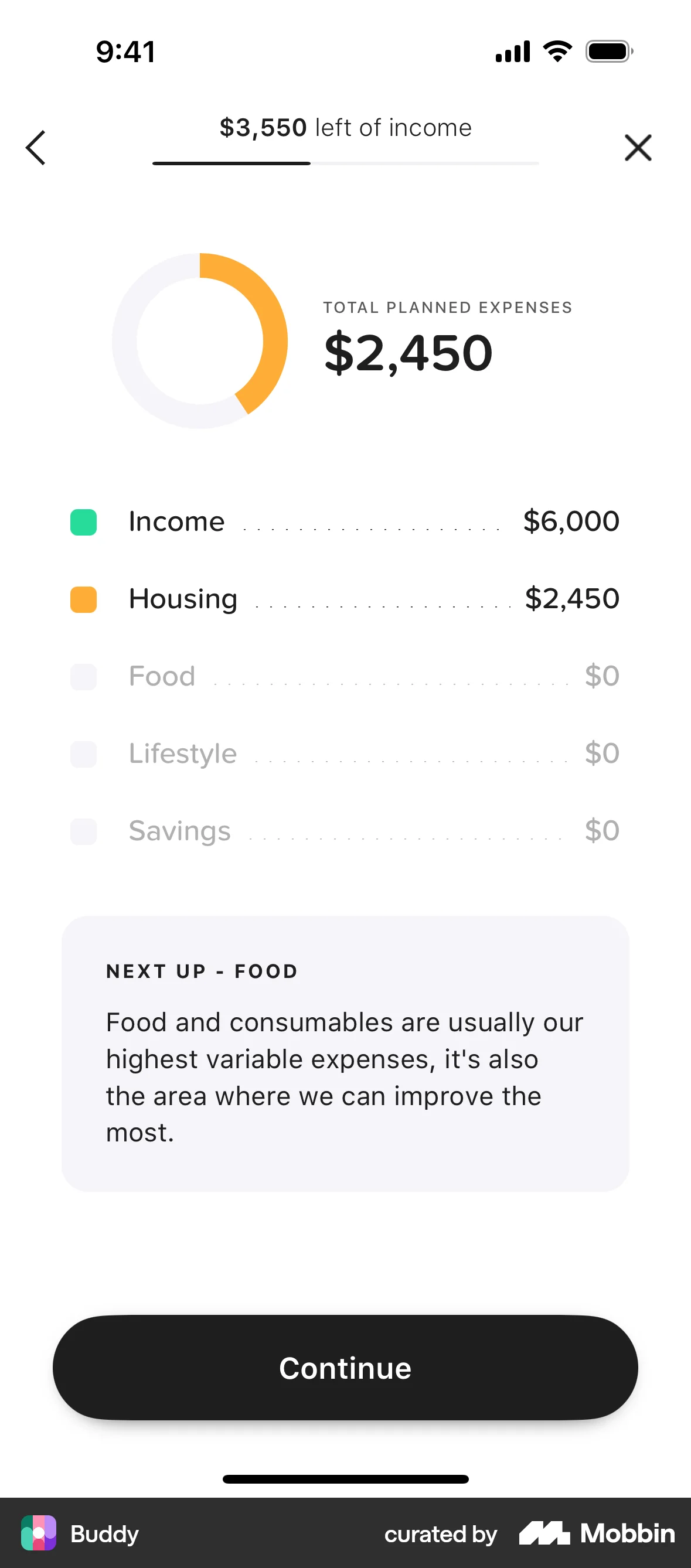 Buddy iOS Pie Chart UI screen
