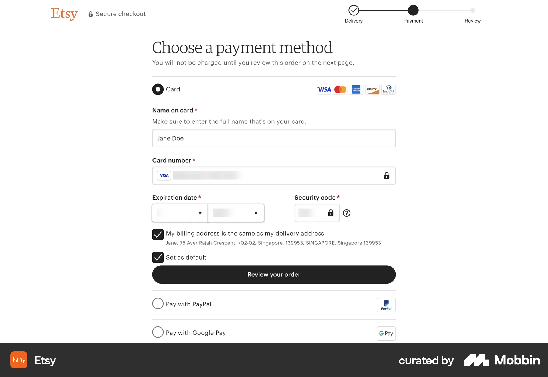 Etsy Web Payment Method screen