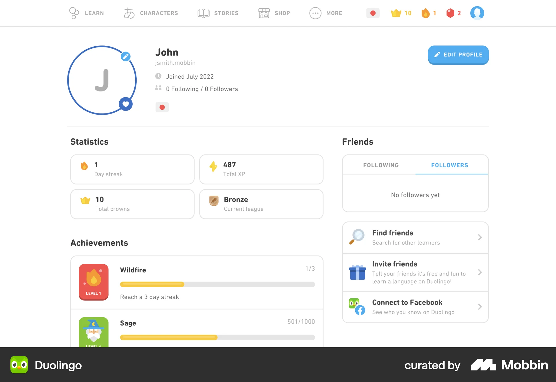 Duolingo Web Followers & Following screen