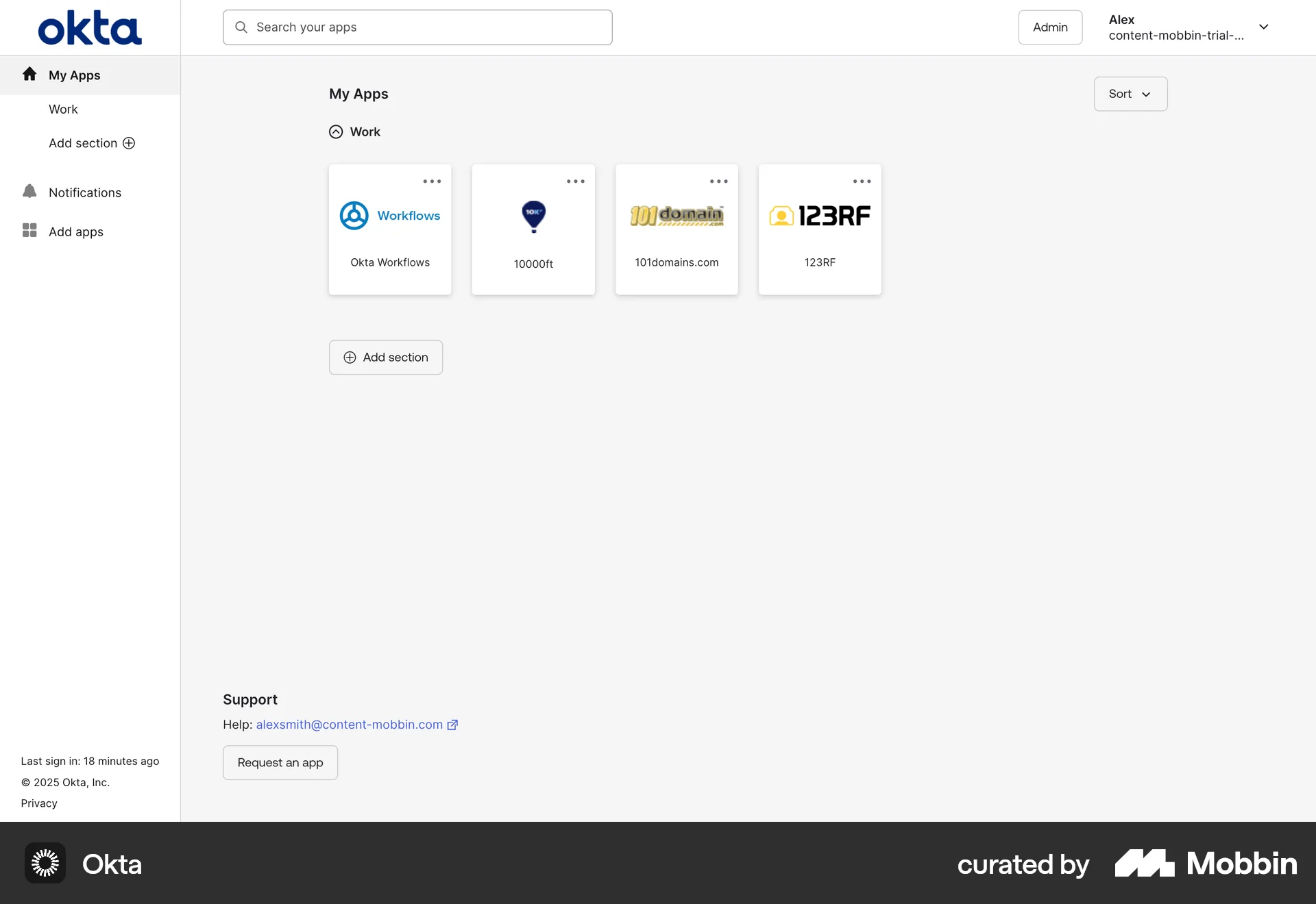 Okta Web screen containing Side Navigation UI element