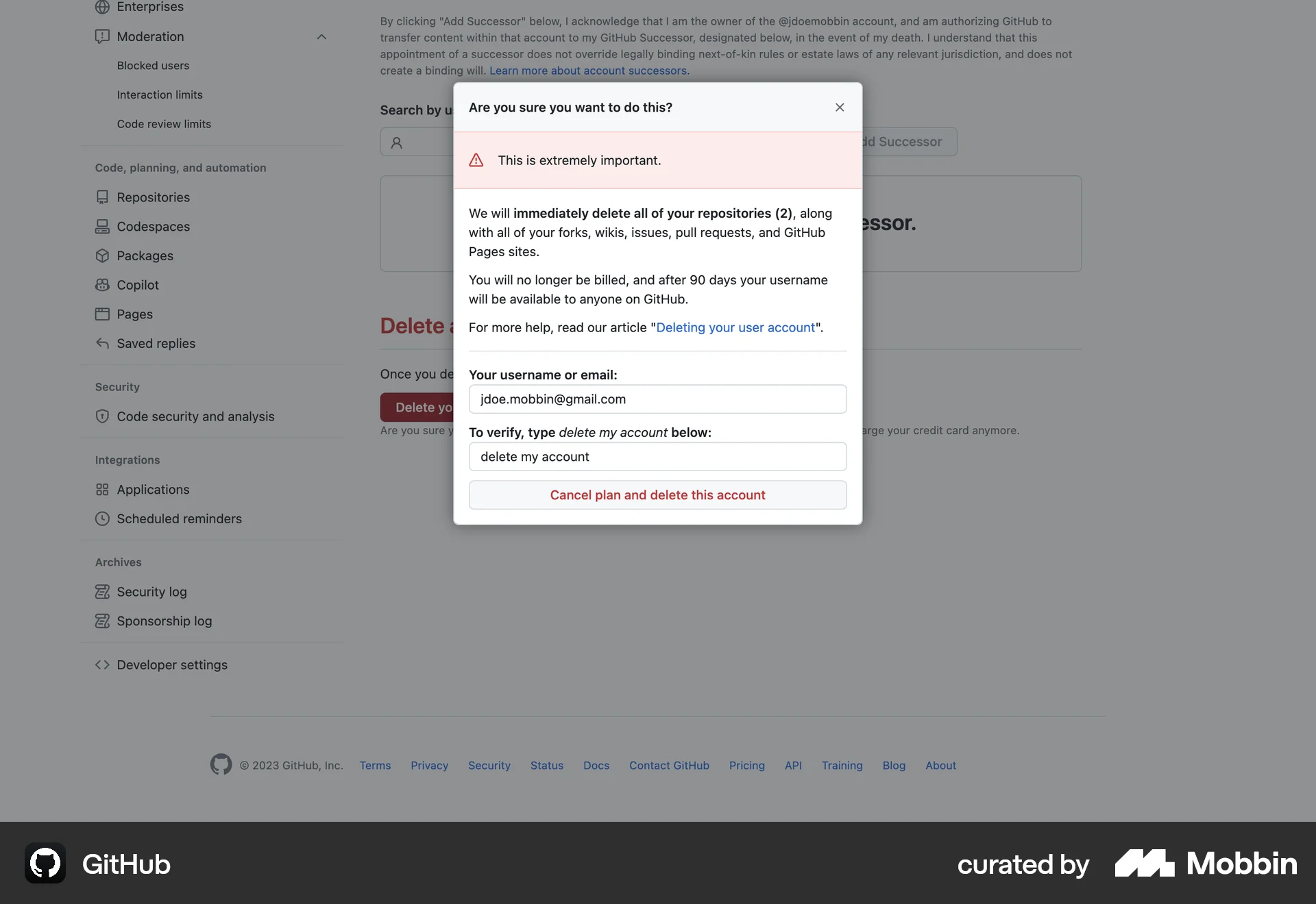 GitHub Web Delete & Deactivate Account screen