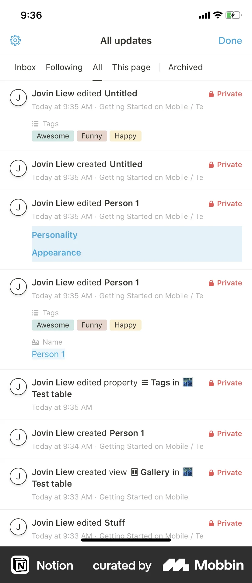 Notion iOS Notifications screen
