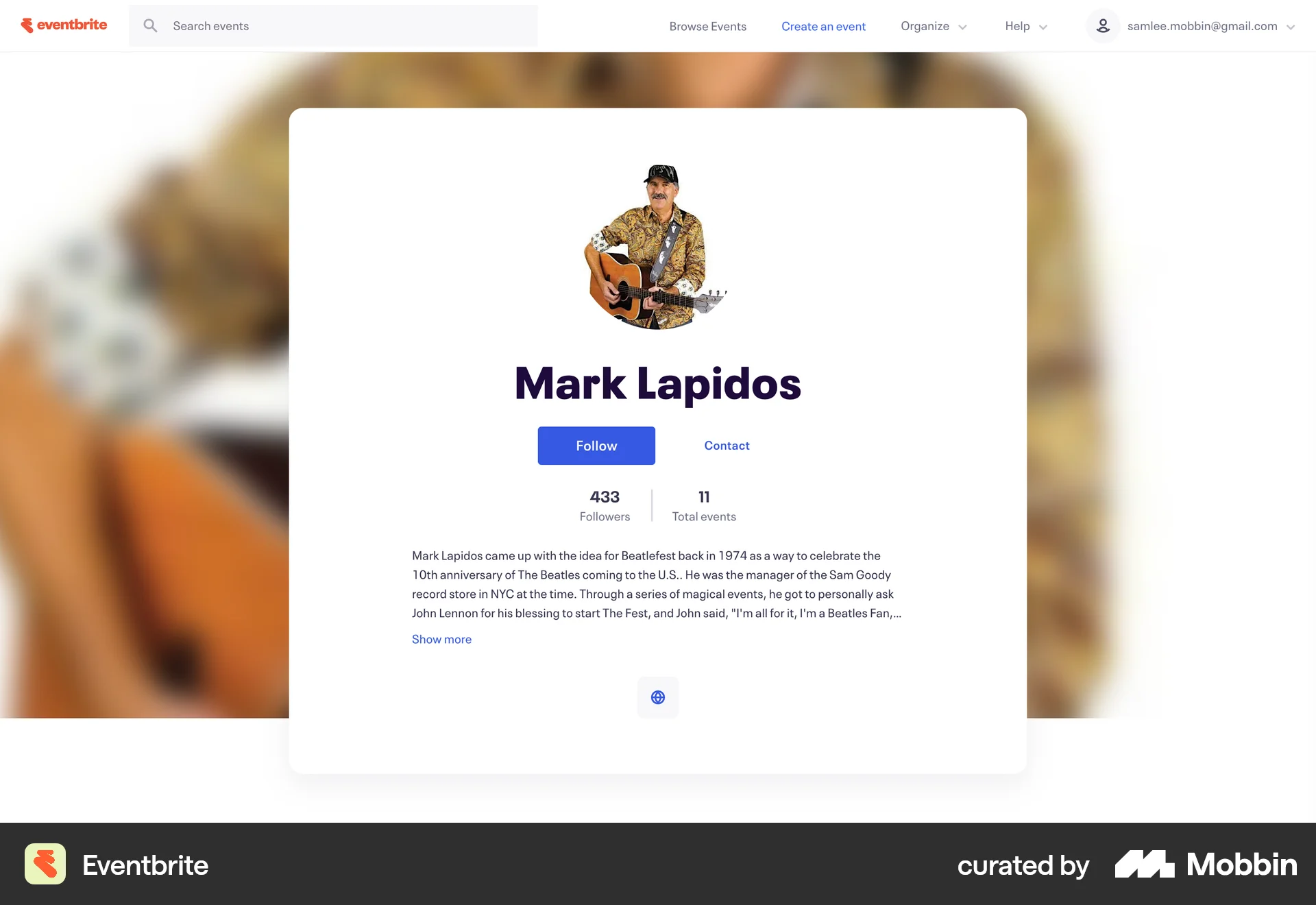 Eventbrite Web User / Group Profile screen