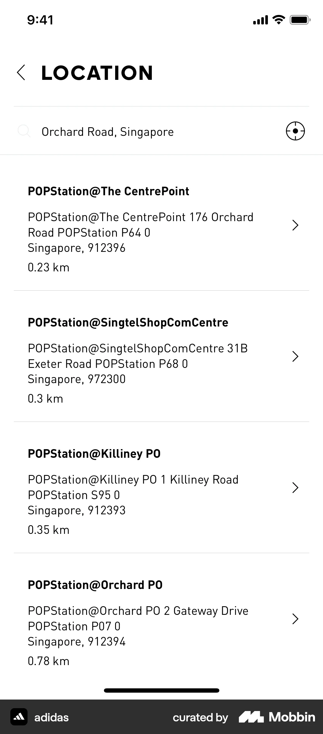 adidas iOS Location & Address screen