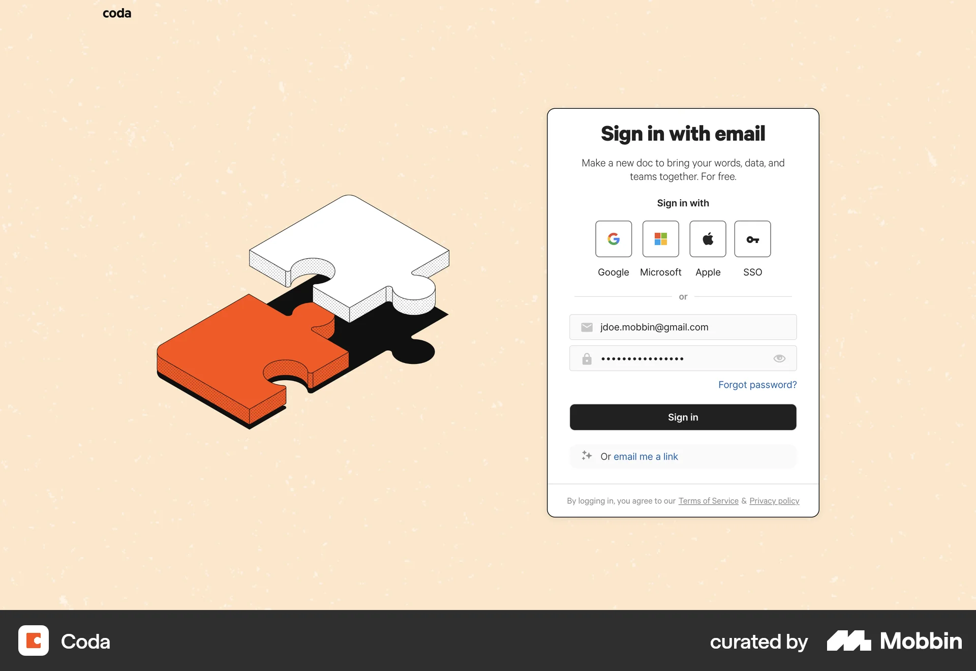Coda Web Login screen