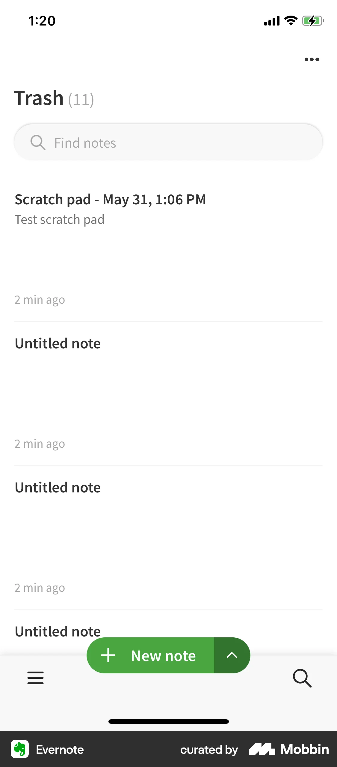 Evernote iOS Trash & Archive screen