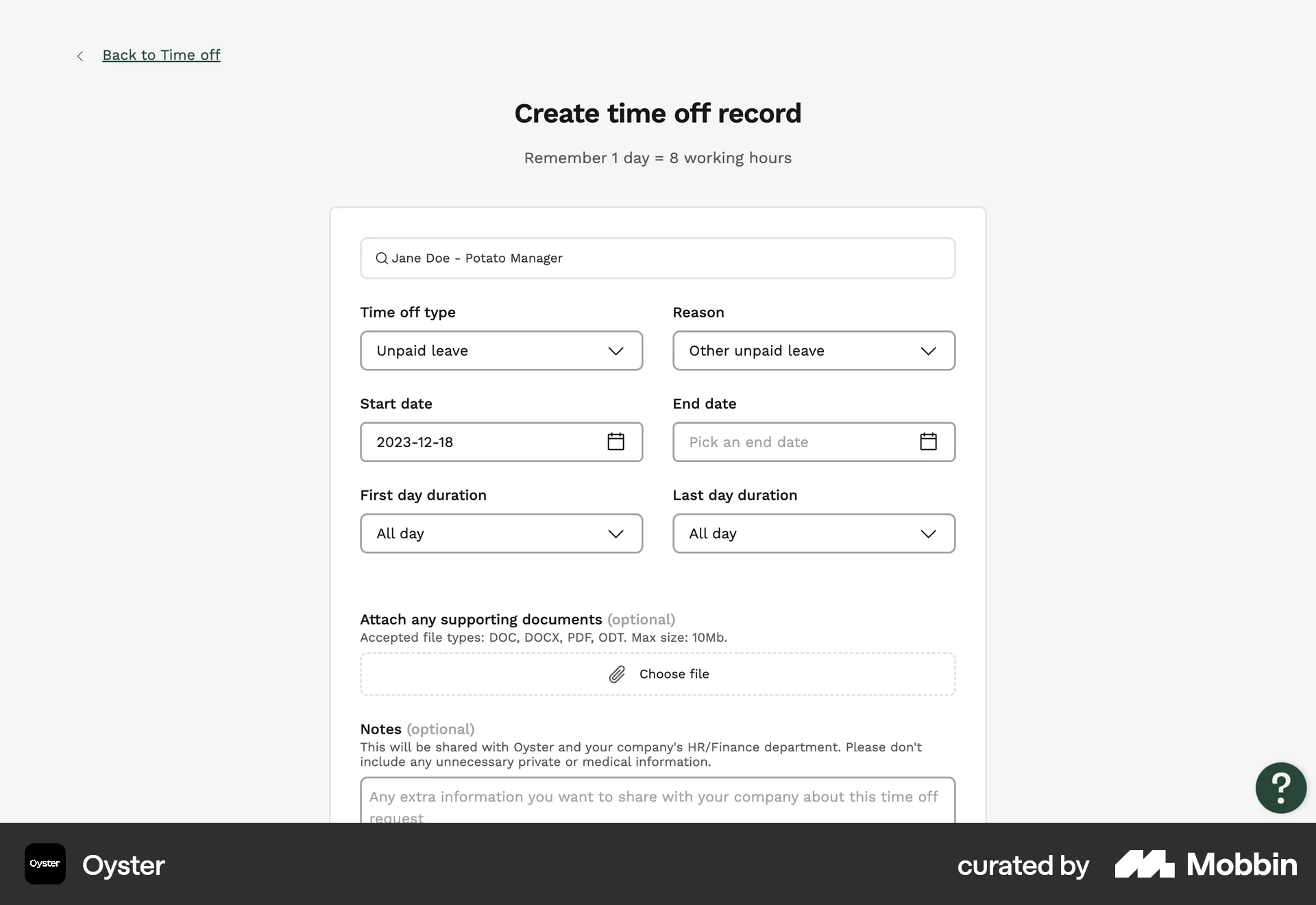 Oyster Web Web Form UI screen