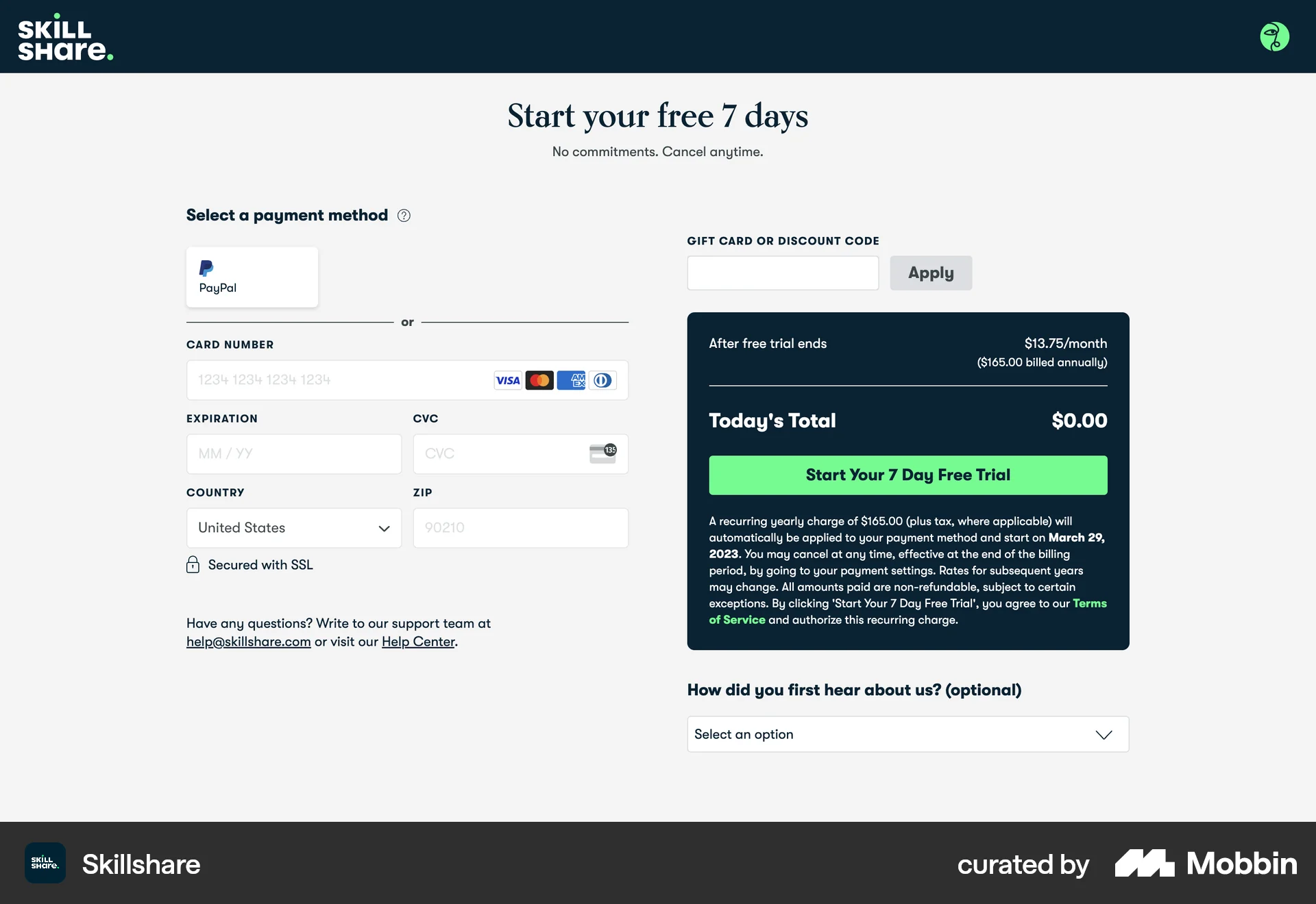 Skillshare Web Pricing screen