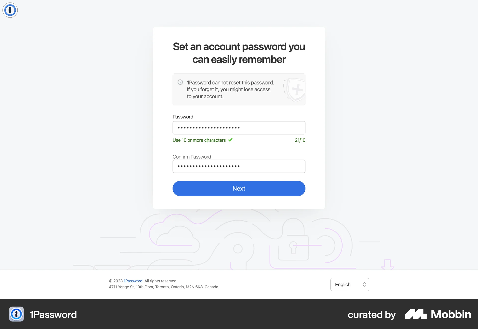 1Password Web Signup screen