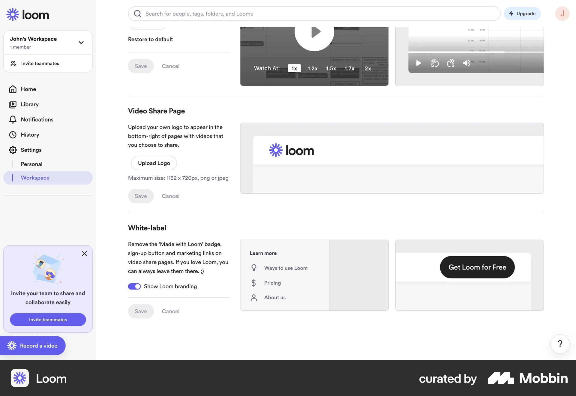 Loom Web screen containing Switch UI element